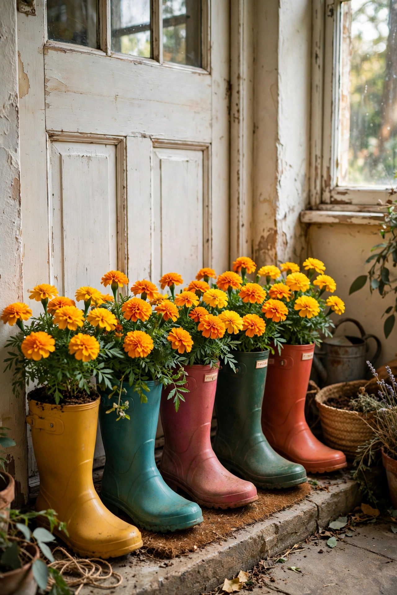 Colourful wellington boots planted with marigolds by a back door