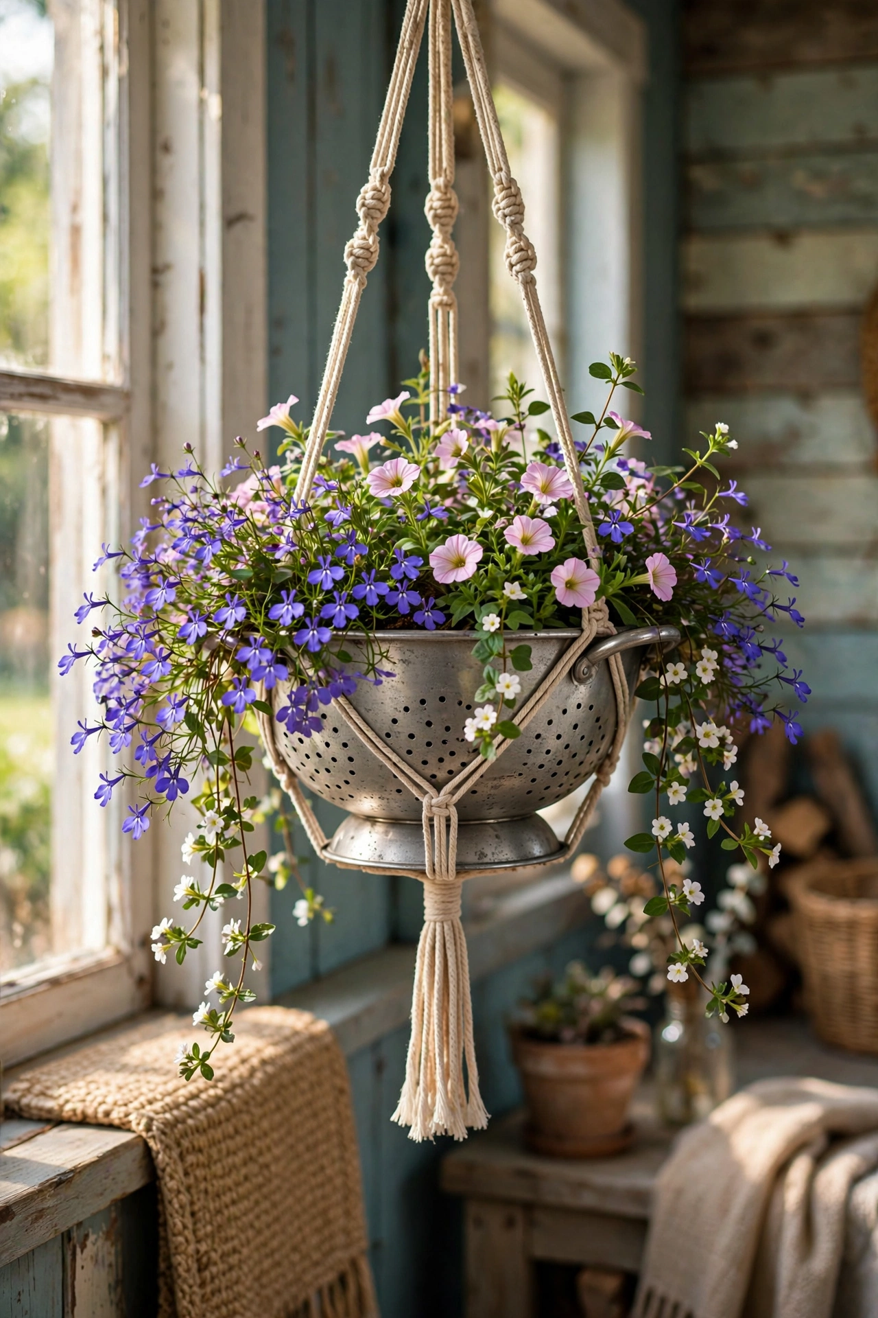 Metal colander hanging planter with trailing lobelia on a porch