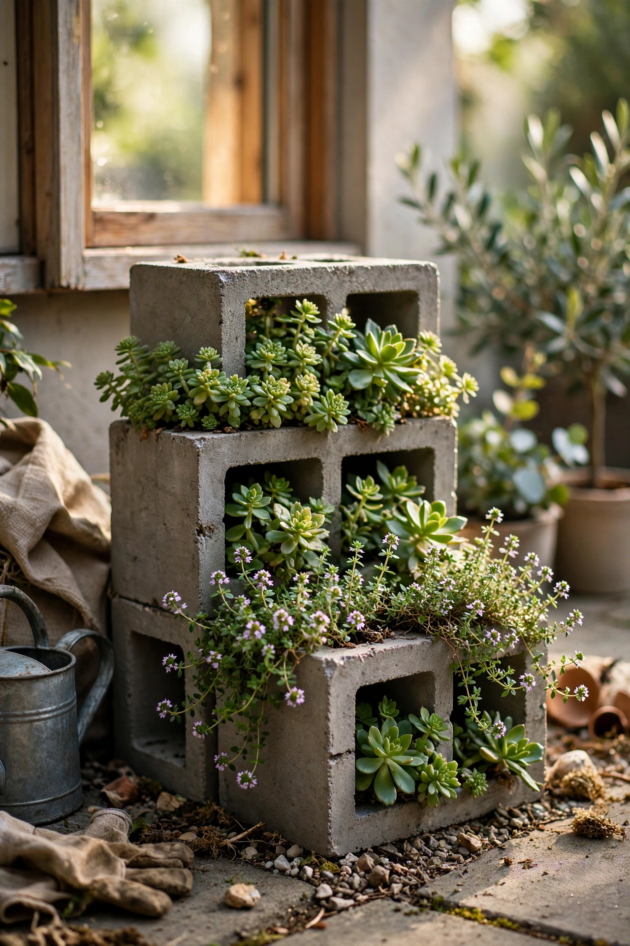 Stacked concrete blocks as geometric planters with sedums and thyme