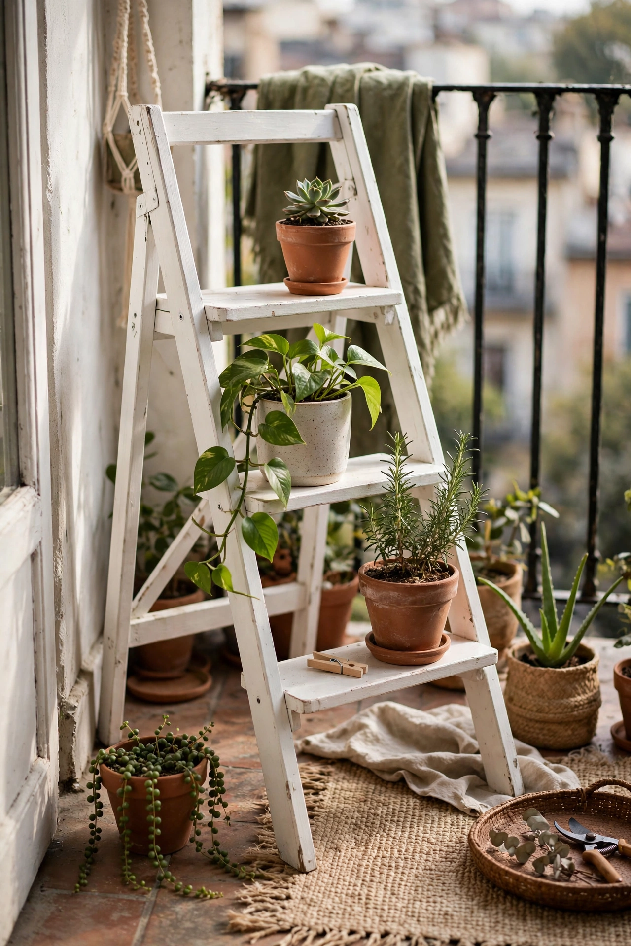 White painted step ladder used as a tiered plant stand on a balcony