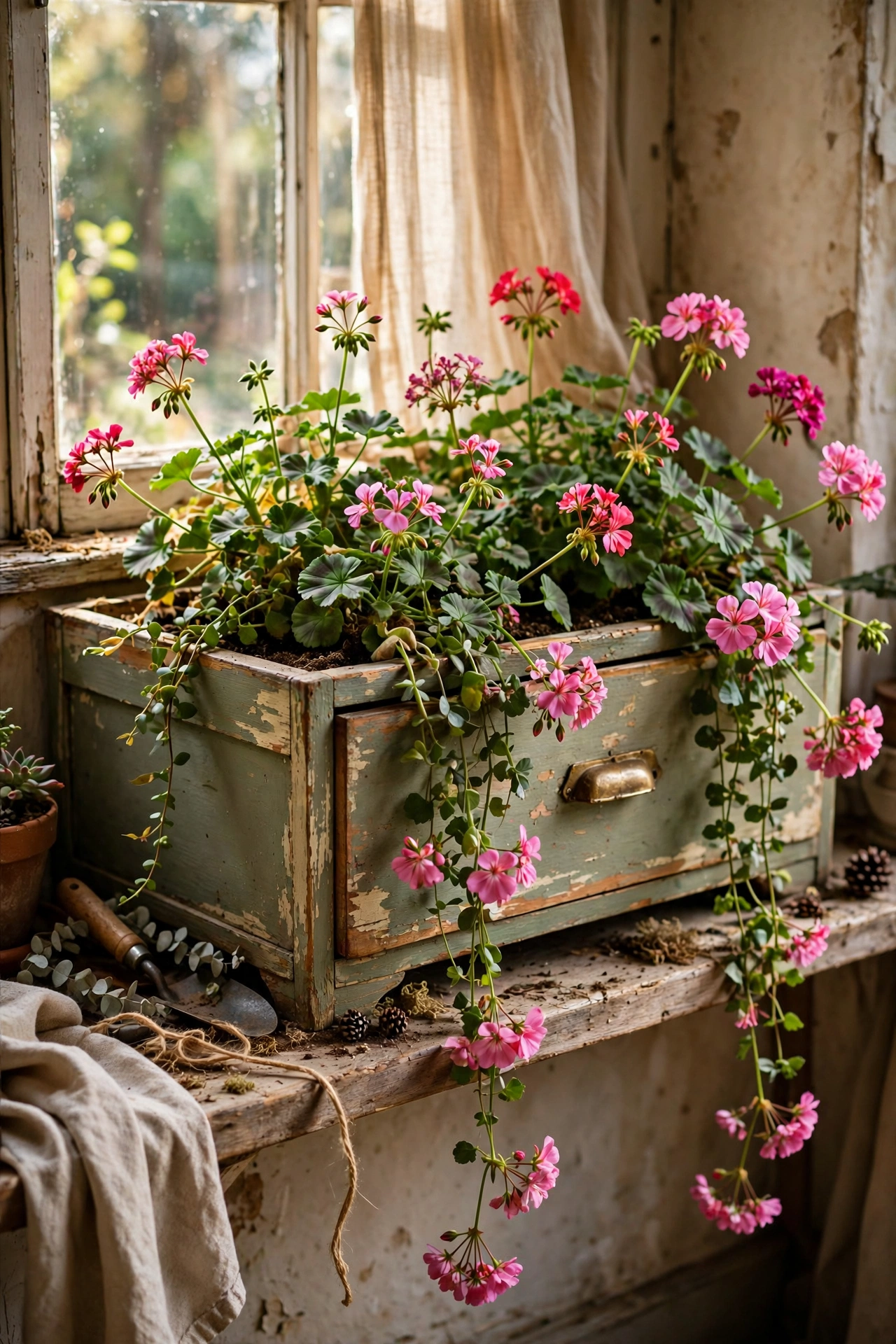Old dresser drawer painted as a window box with trailing geraniums