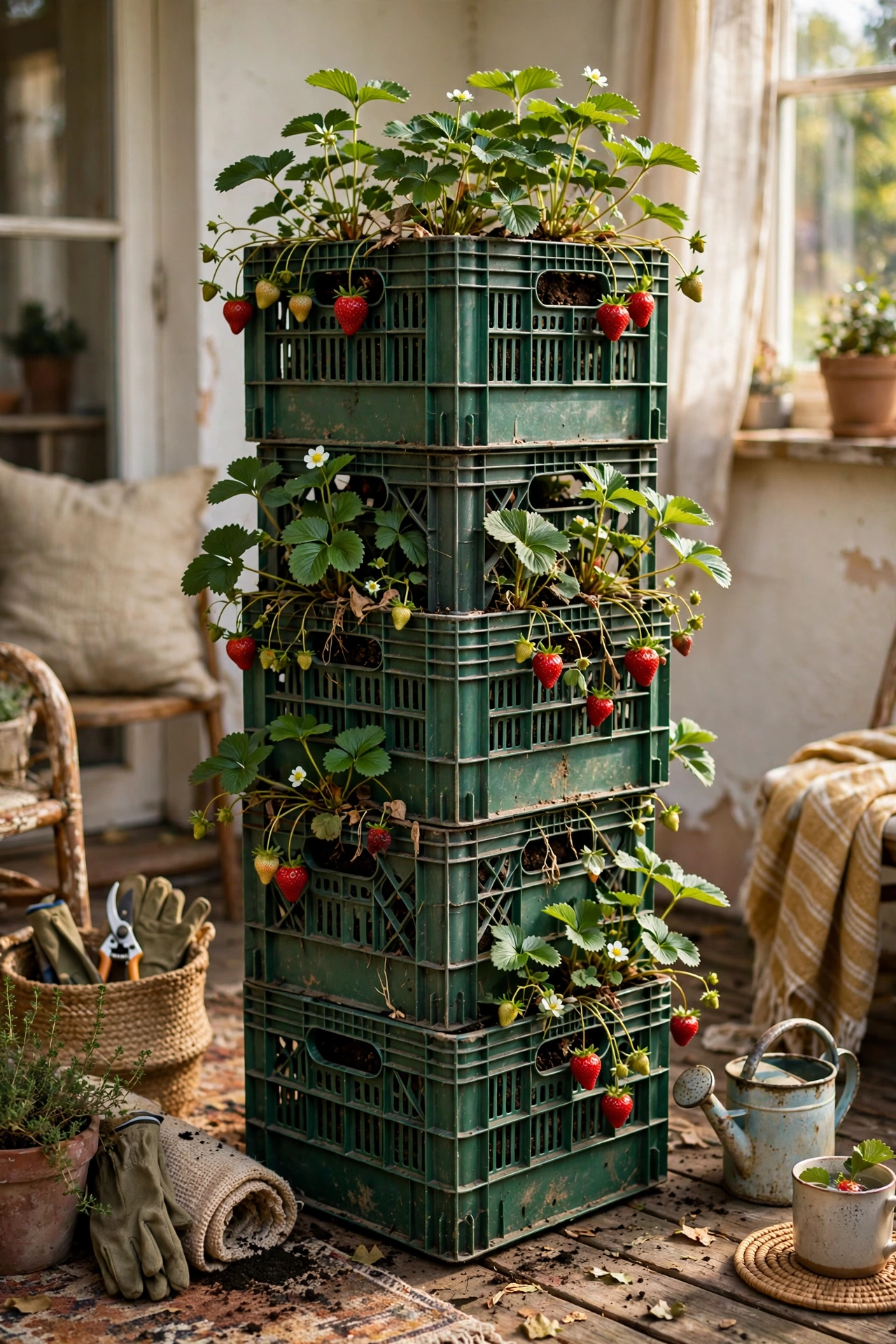 Stacked milk crates as a planter tower with strawberries on a patio
