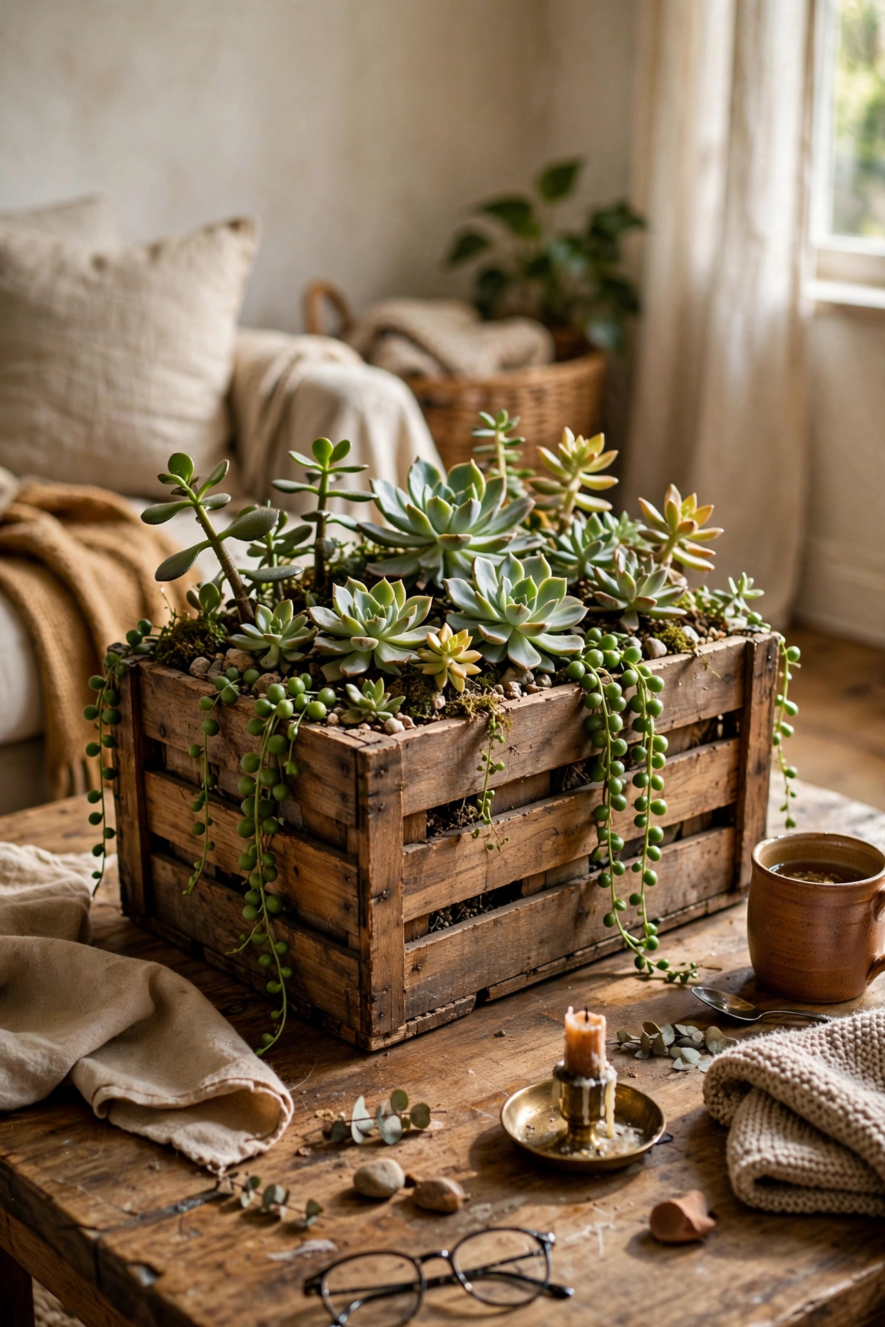 Wooden wine crate planted with a succulent arrangement on a coffee table
