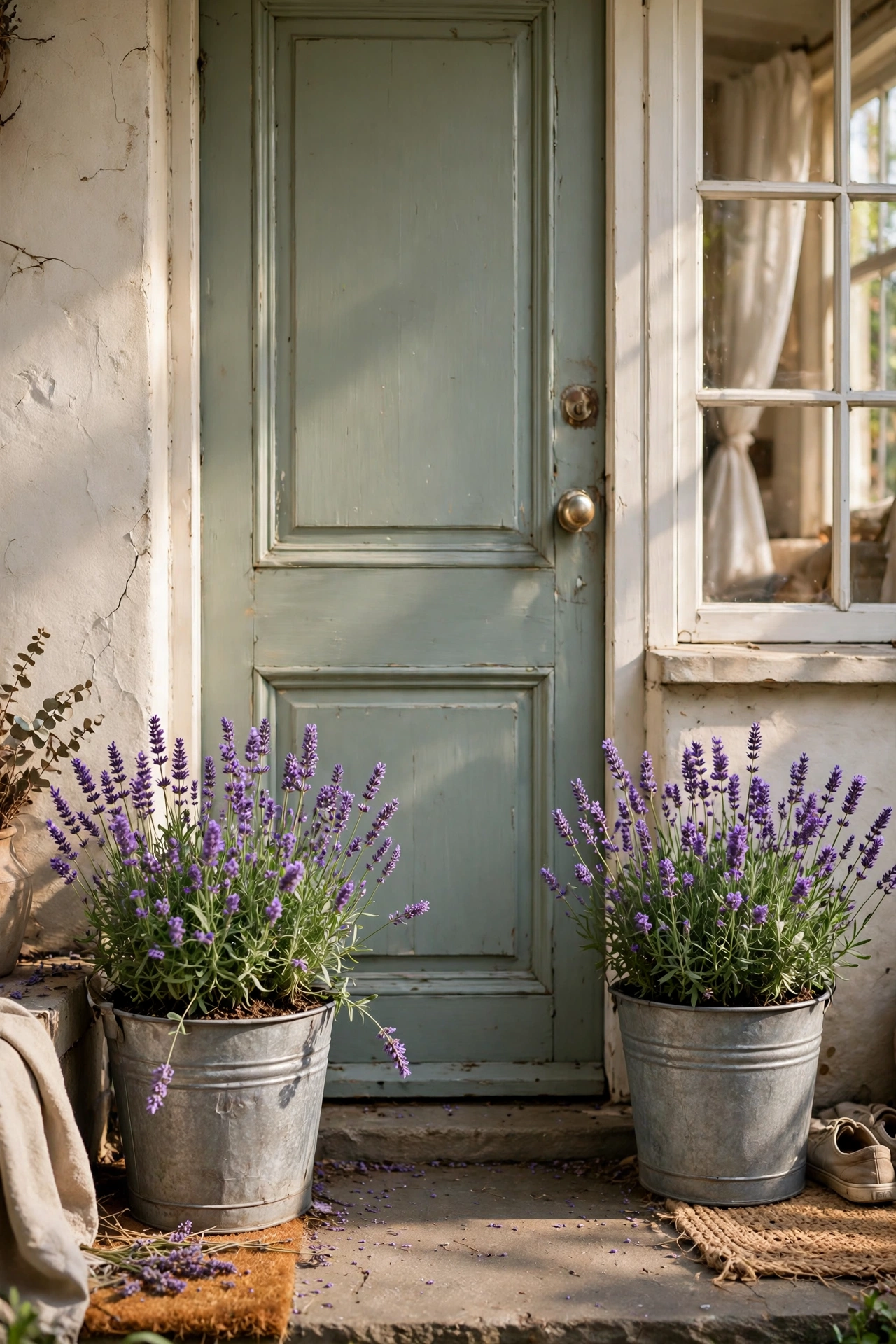 Galvanised metal buckets planted with lavender flanking a front door