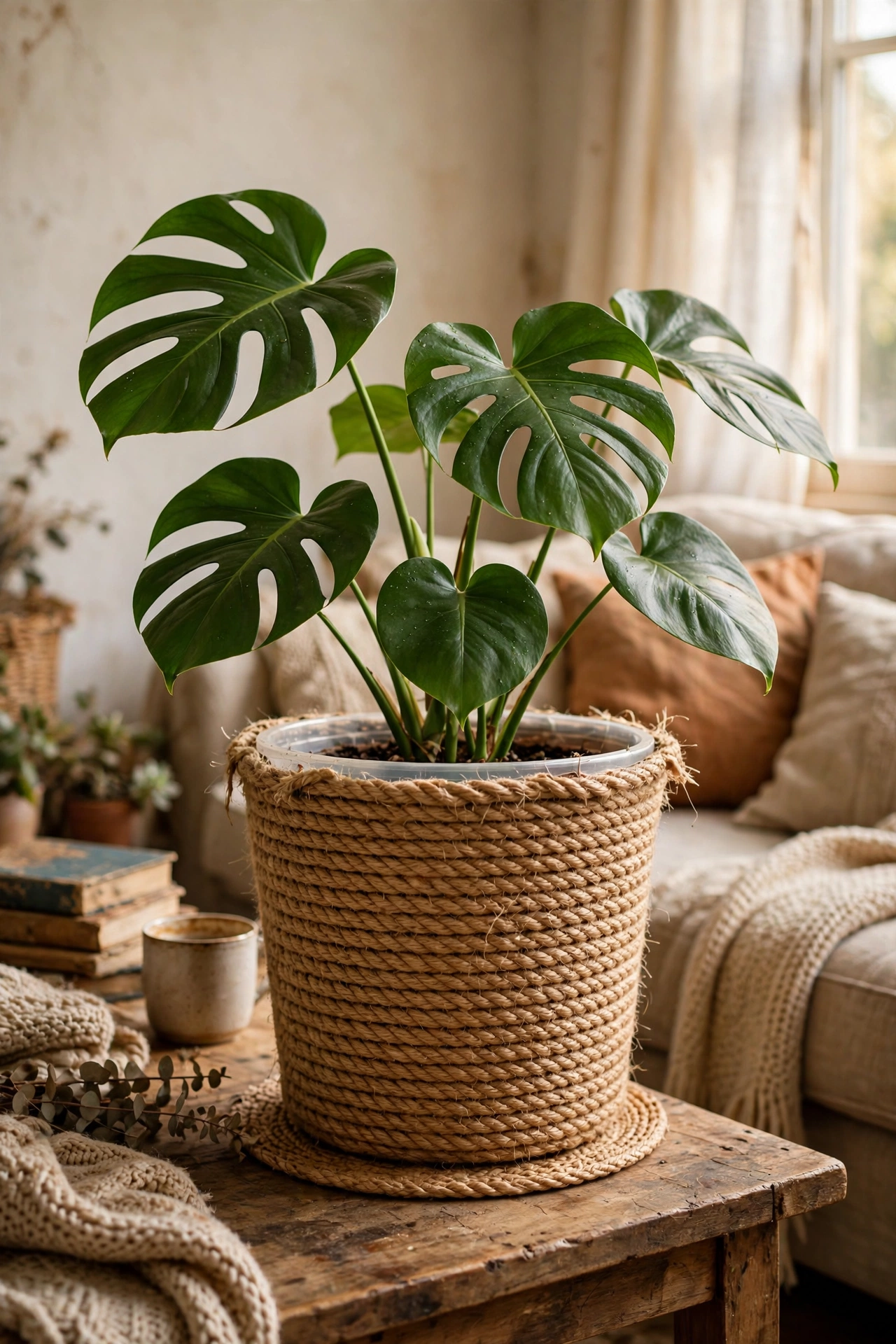 Plain plastic pot wrapped in sisal rope holding a monstera plant