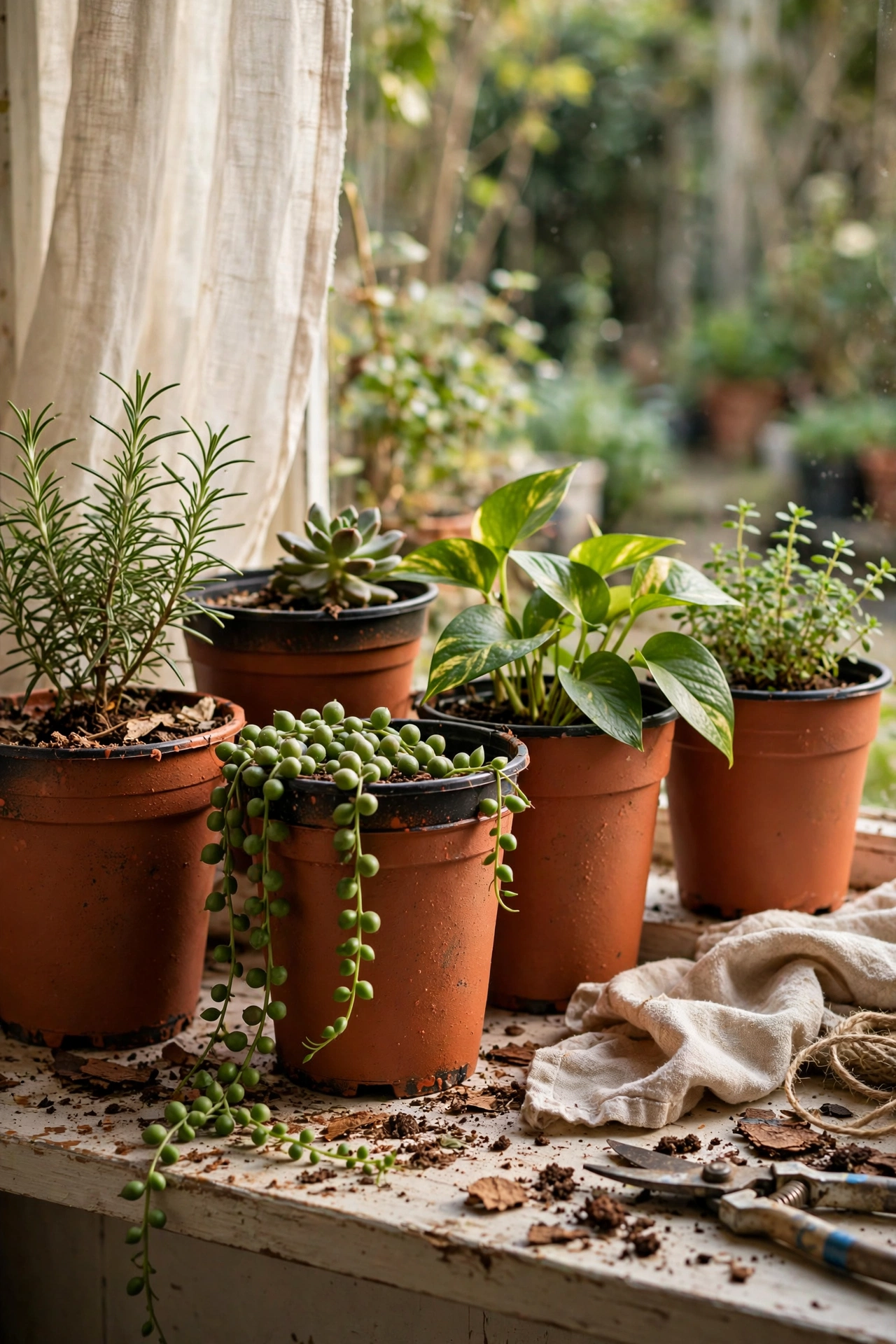 Nursery pots spray painted matte terracotta in a garden