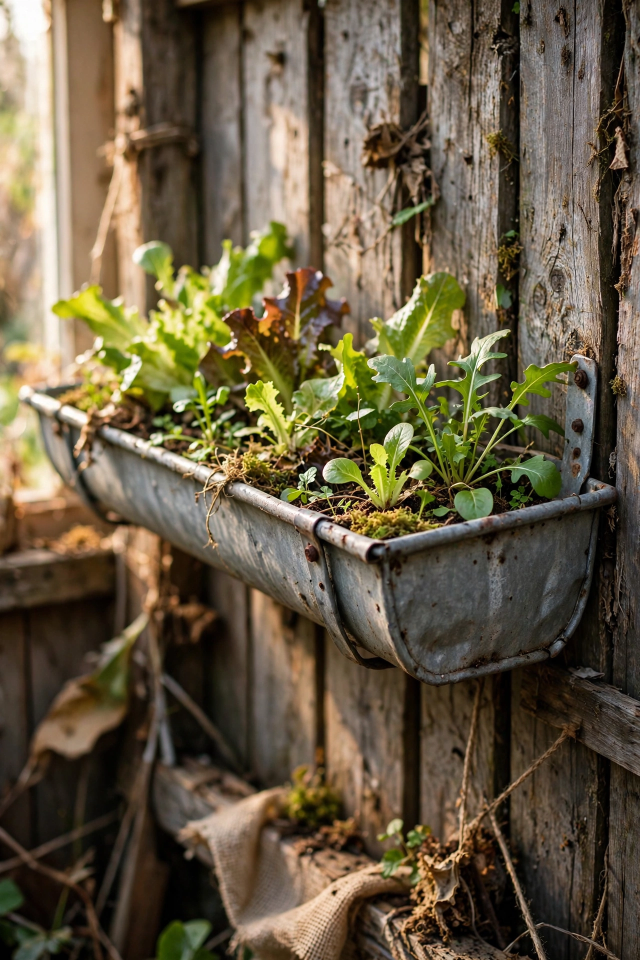 Old guttering mounted on a fence as a planter with salad leaves