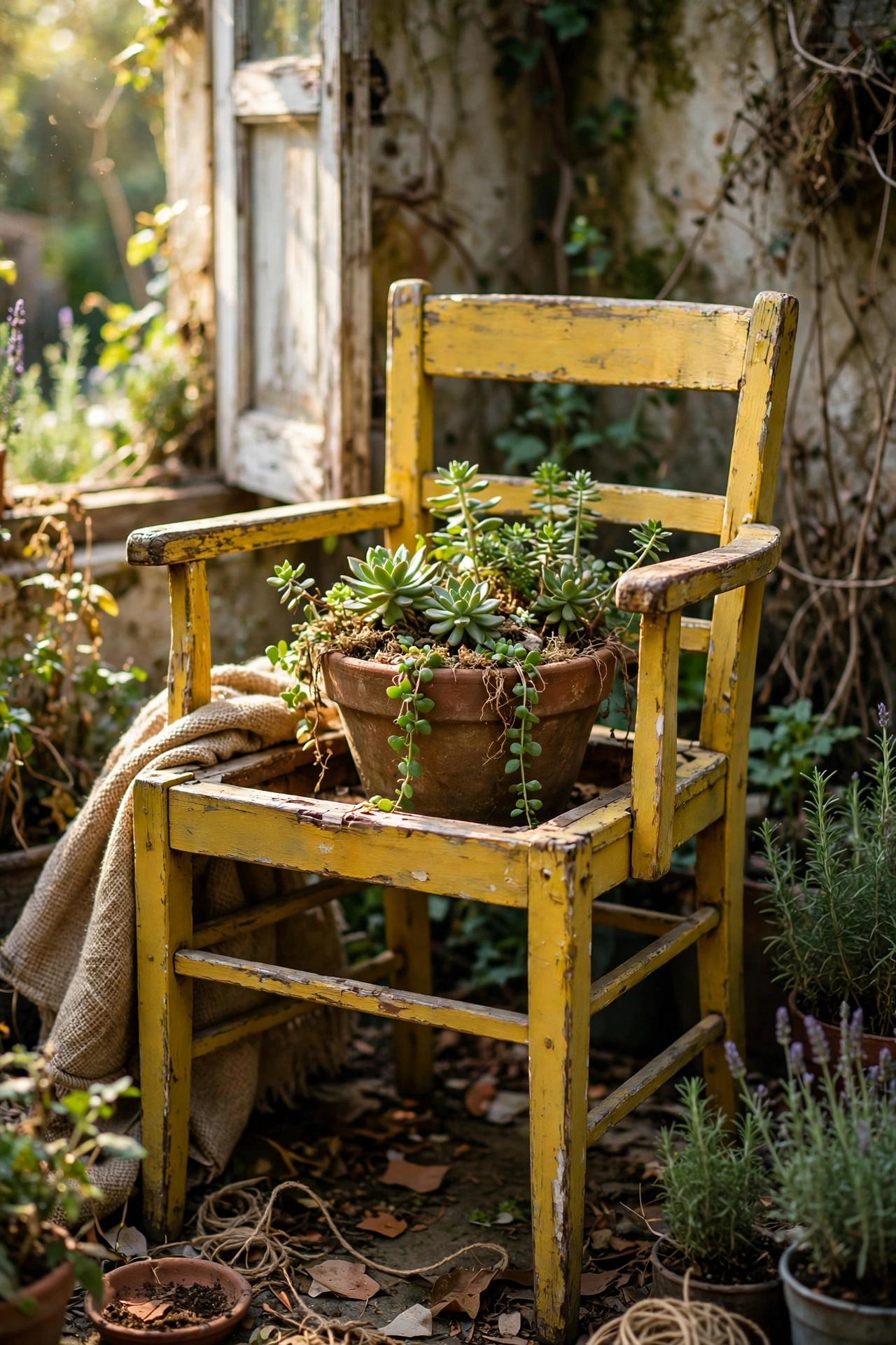 Broken chair painted yellow with a pot of sweet peas in the seat frame