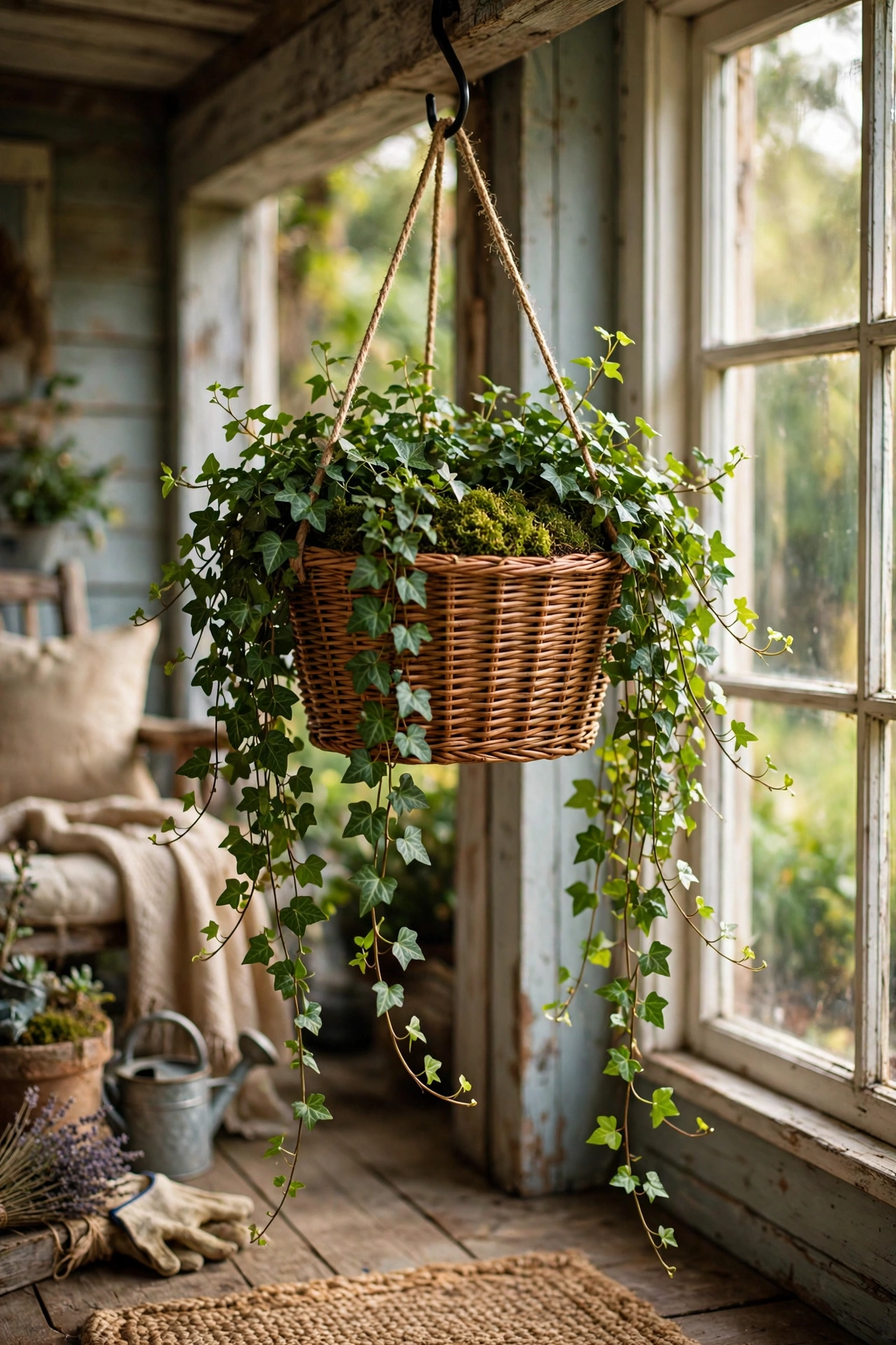 Wicker bicycle basket lined with moss planted with ivy on a porch