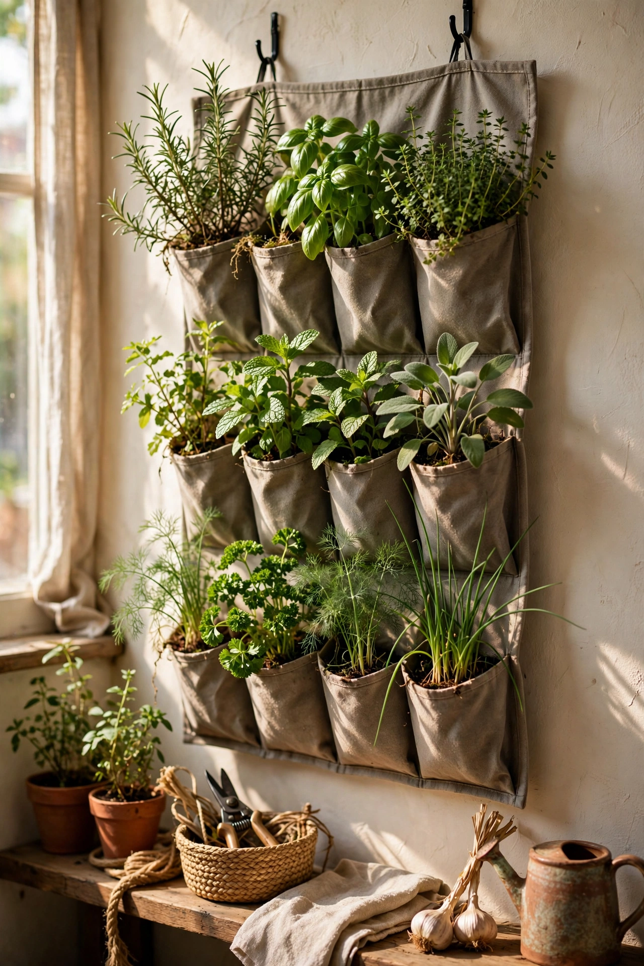 Fabric shoe organiser on a wall planted with herbs as a vertical garden