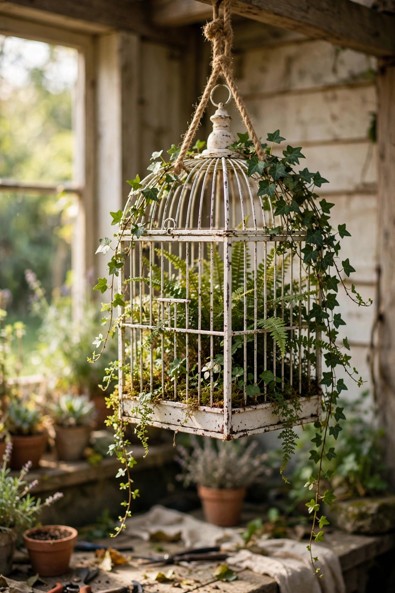 Old birdcage planted with trailing ivy and ferns hanging in a garden