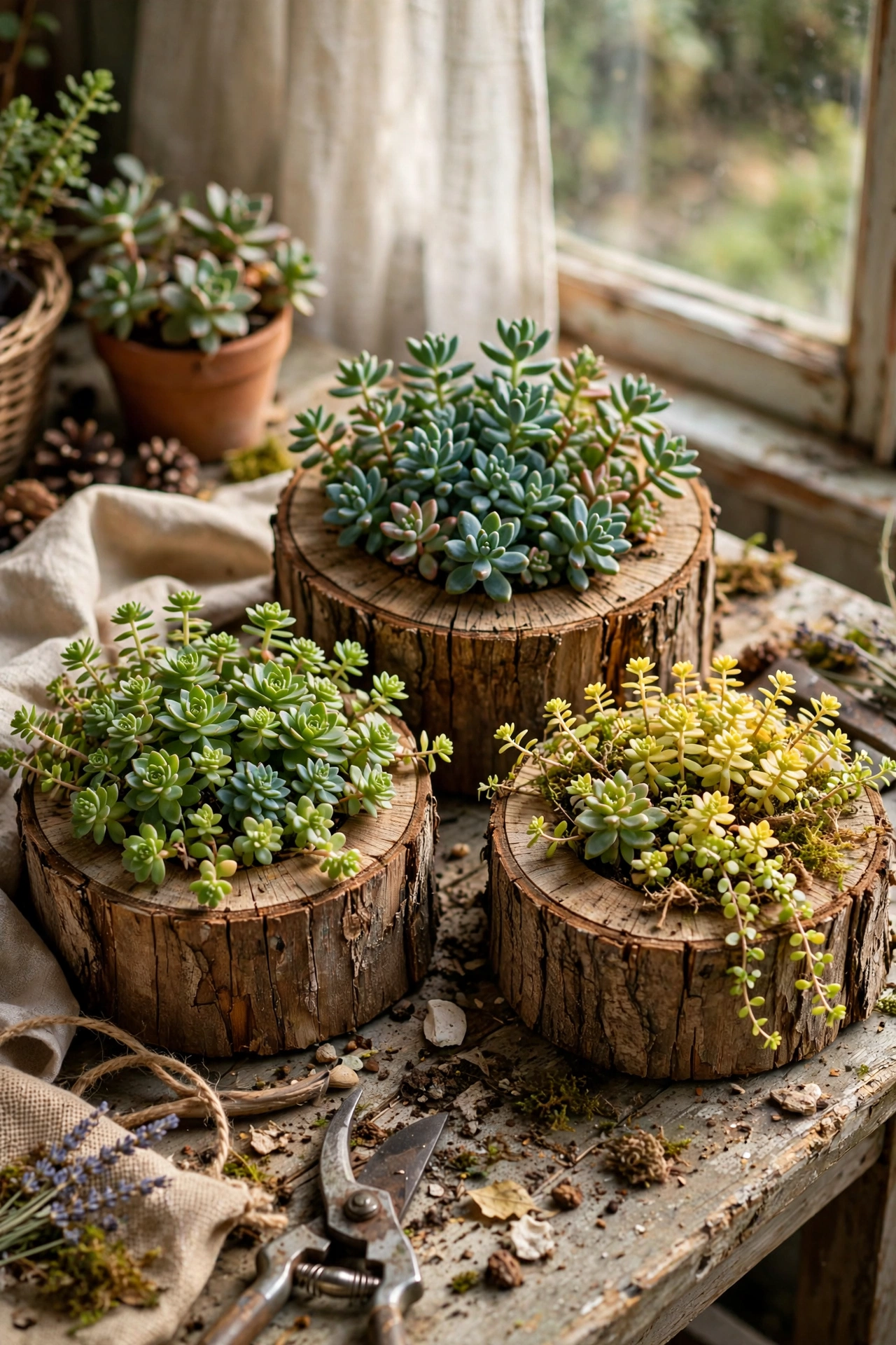 Thick log slices hollowed out and planted with sedums on a table