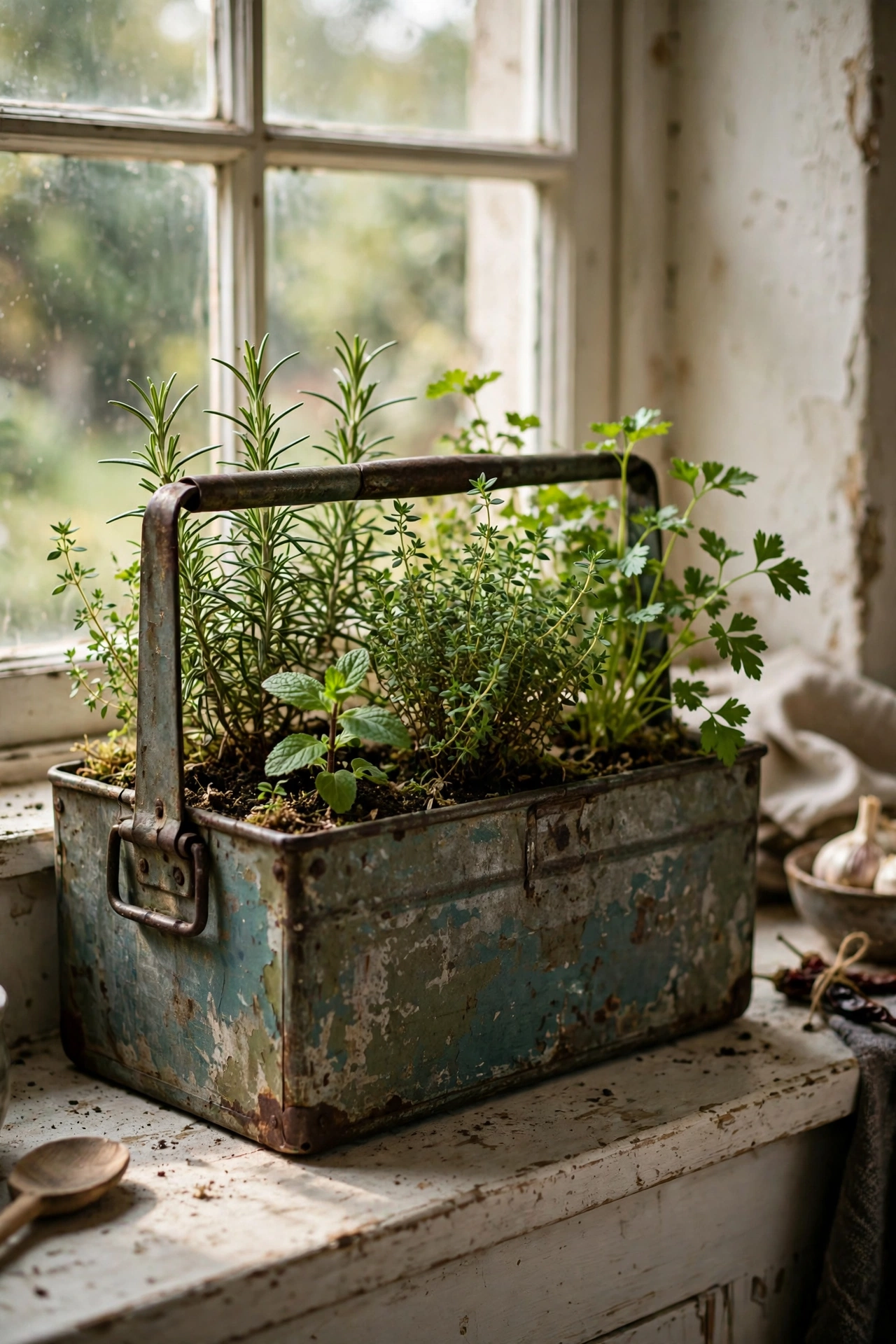 Old metal toolbox planted with thyme oregano and chives on a windowsill