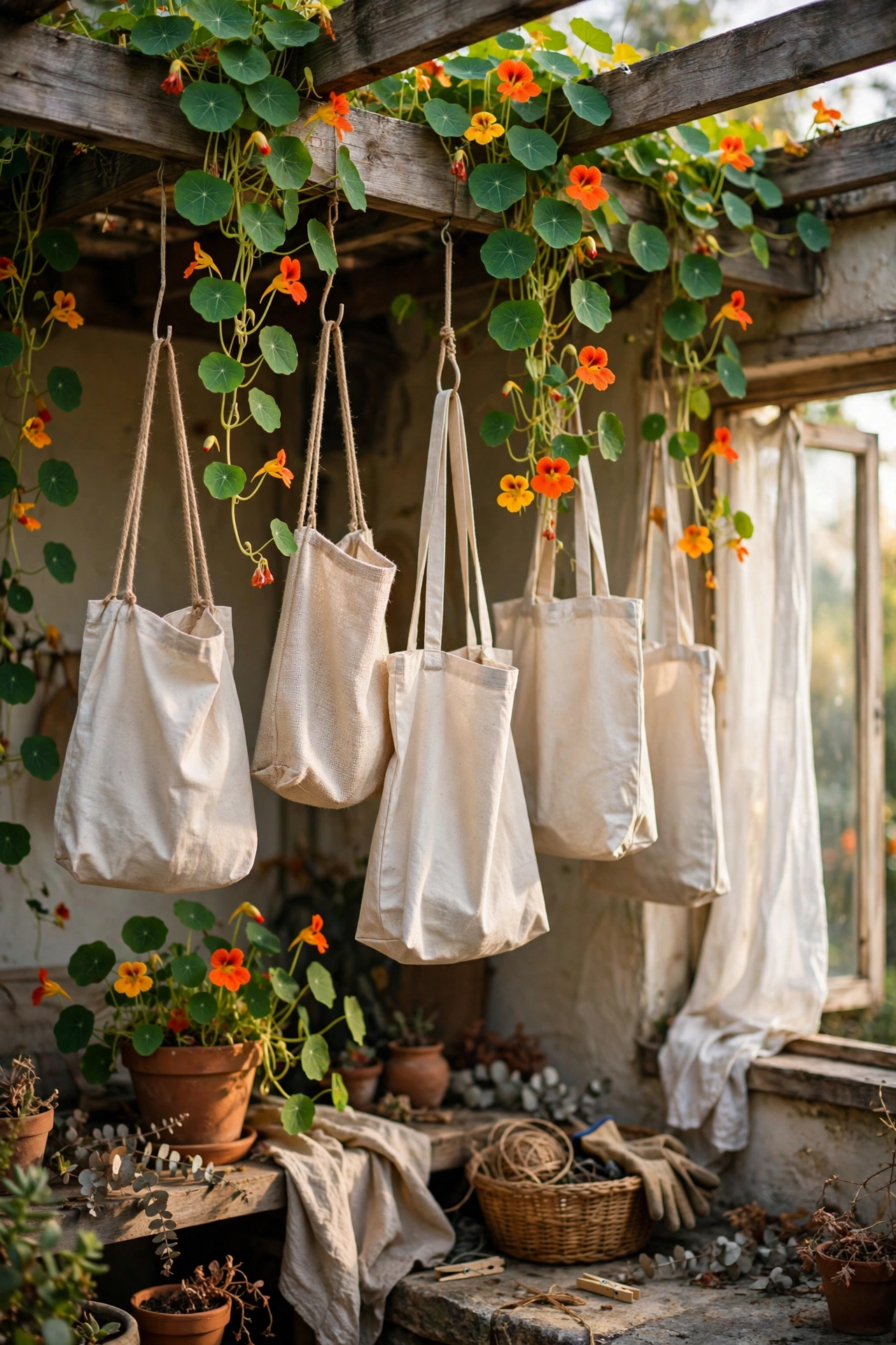 Canvas tote bags hung from a pergola planted with trailing nasturtiums