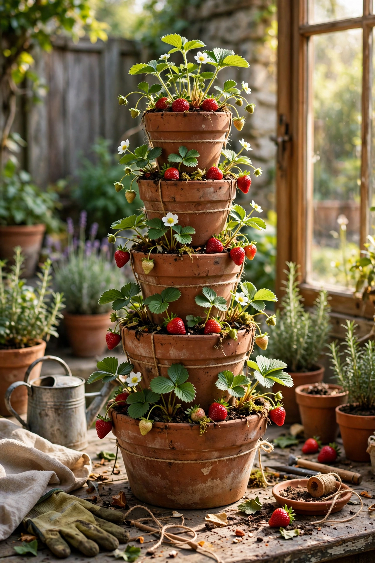 Tiered tower of terracotta pots planted with strawberries in a garden