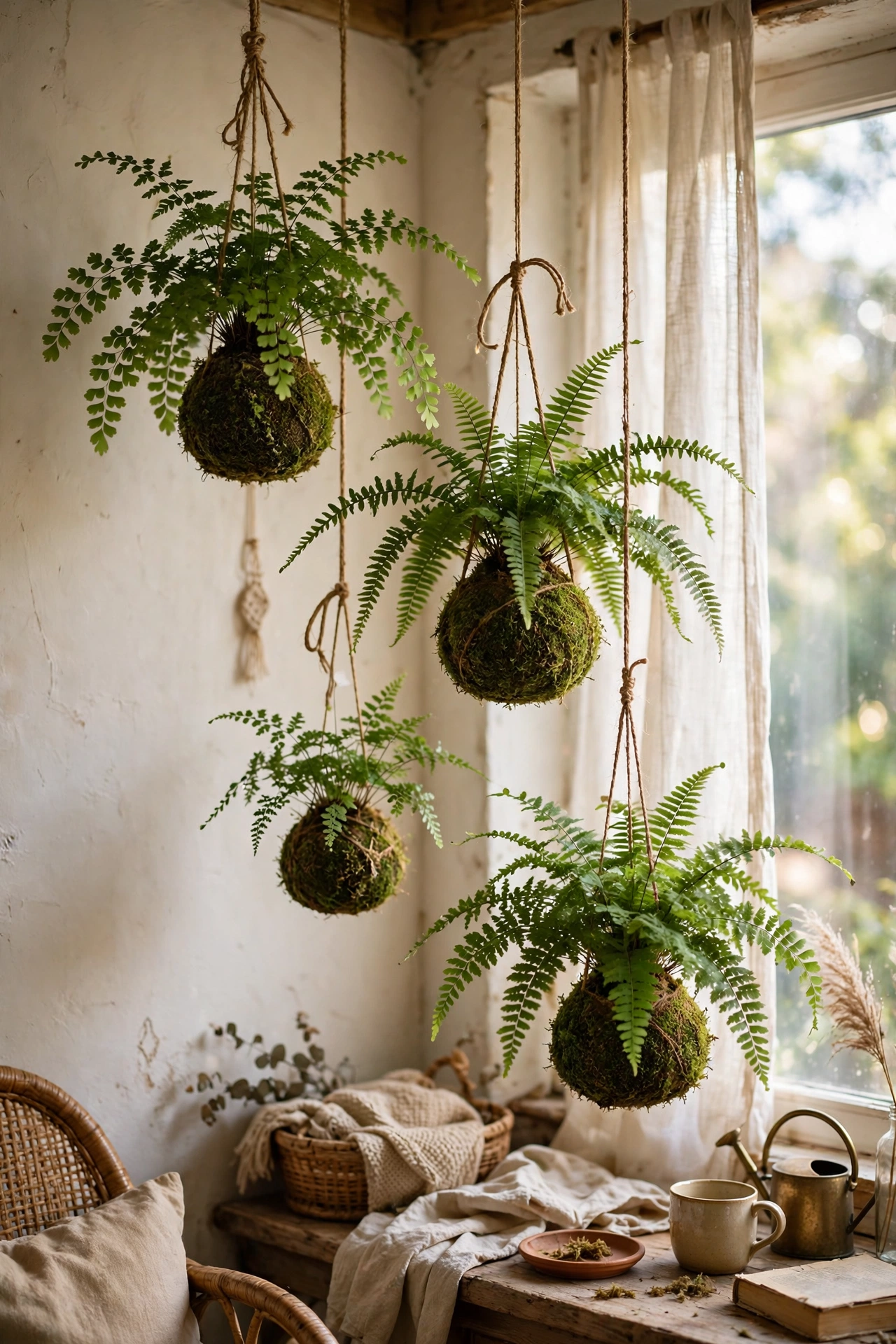 Kokedama moss balls with ferns hanging at different heights indoors