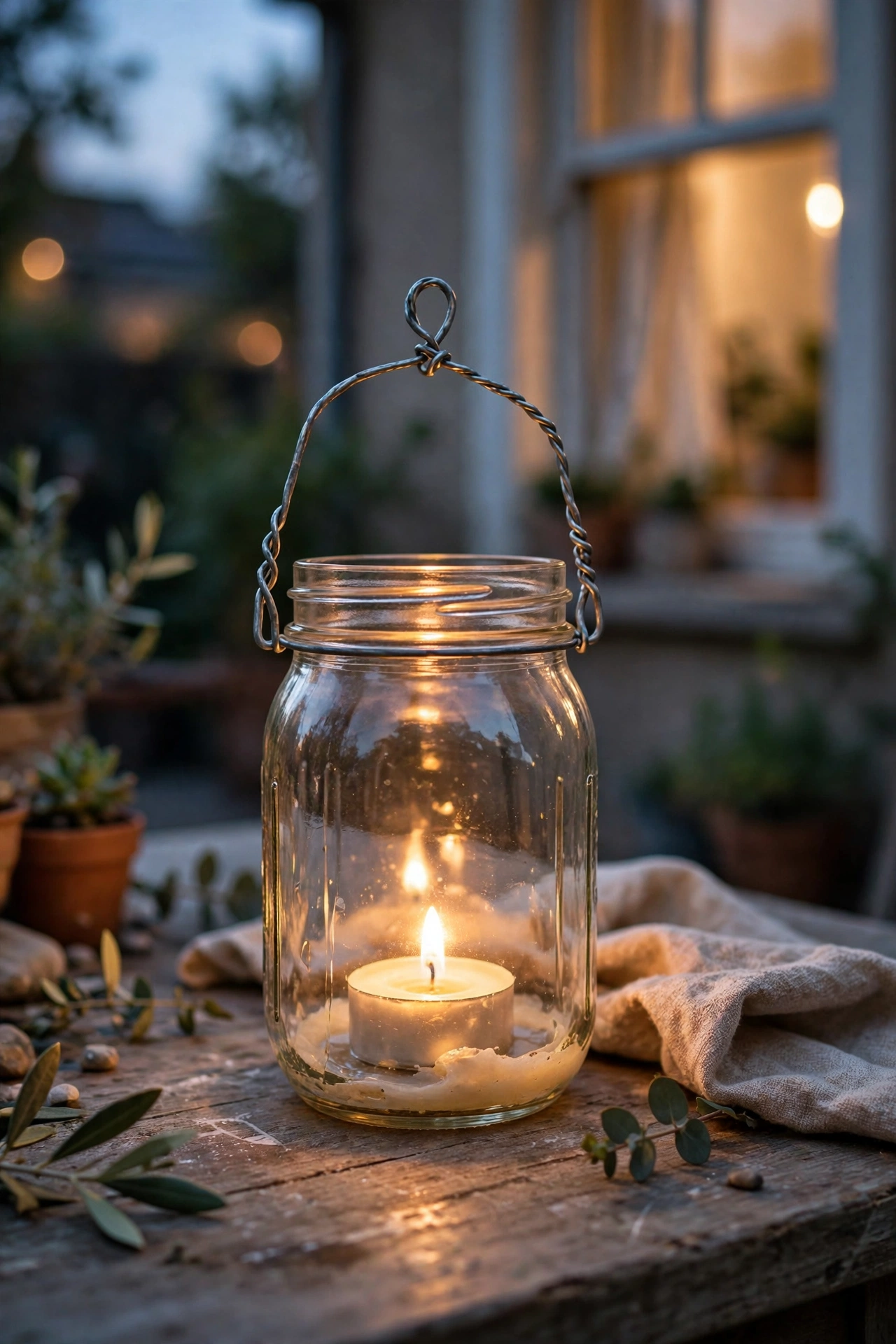 Mason jar lantern with wire handle holding a tea light on a patio