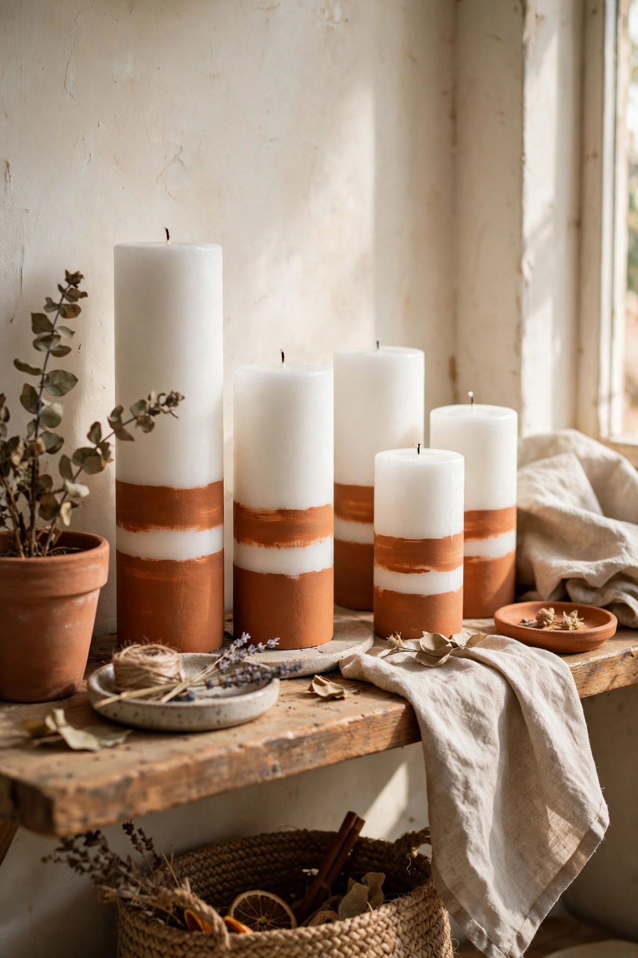 White pillar candles with painted terracotta bands on a shelf