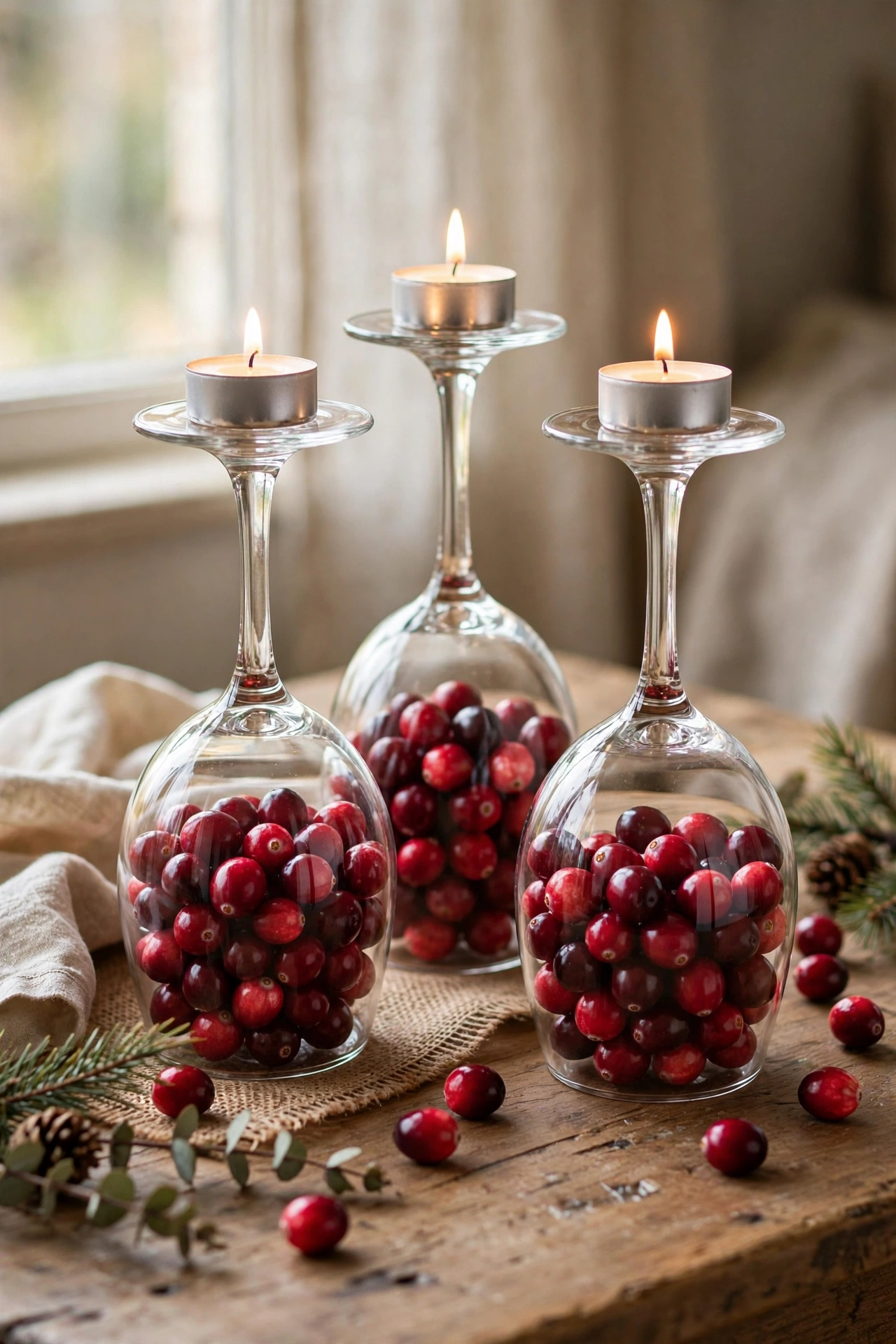Upside down wine glasses as candle holders with cranberries inside