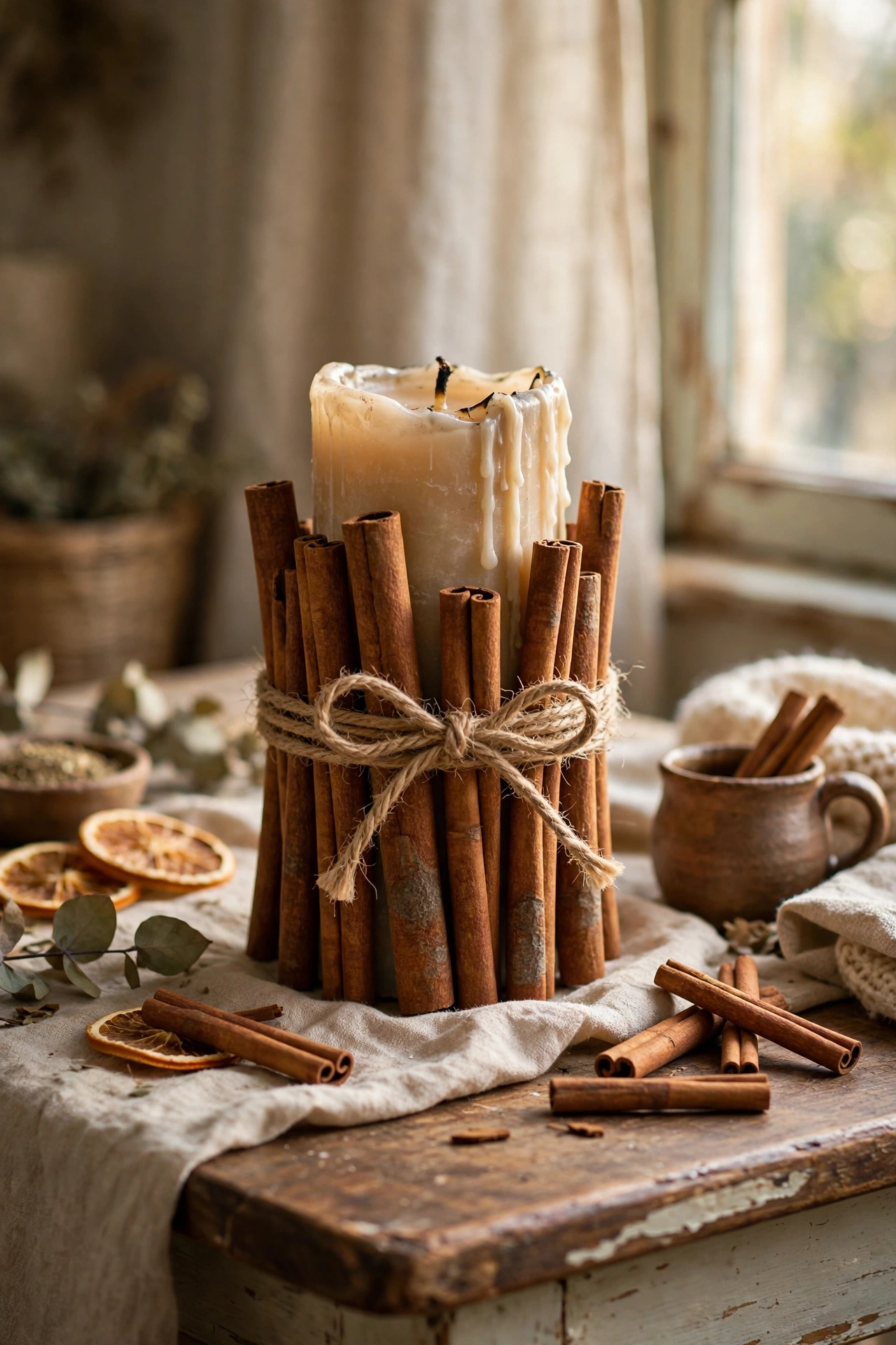 Pillar candle wrapped with cinnamon sticks tied with twine