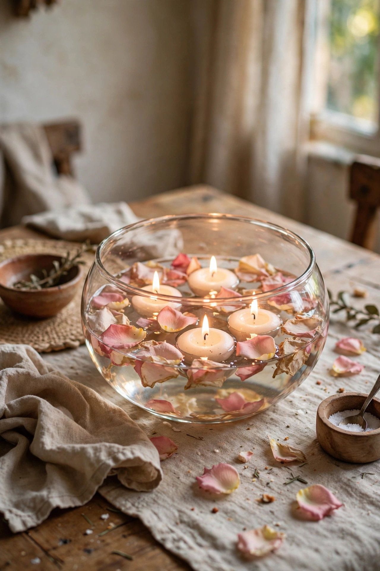 Floating candles and rose petals in a glass bowl centrepiece