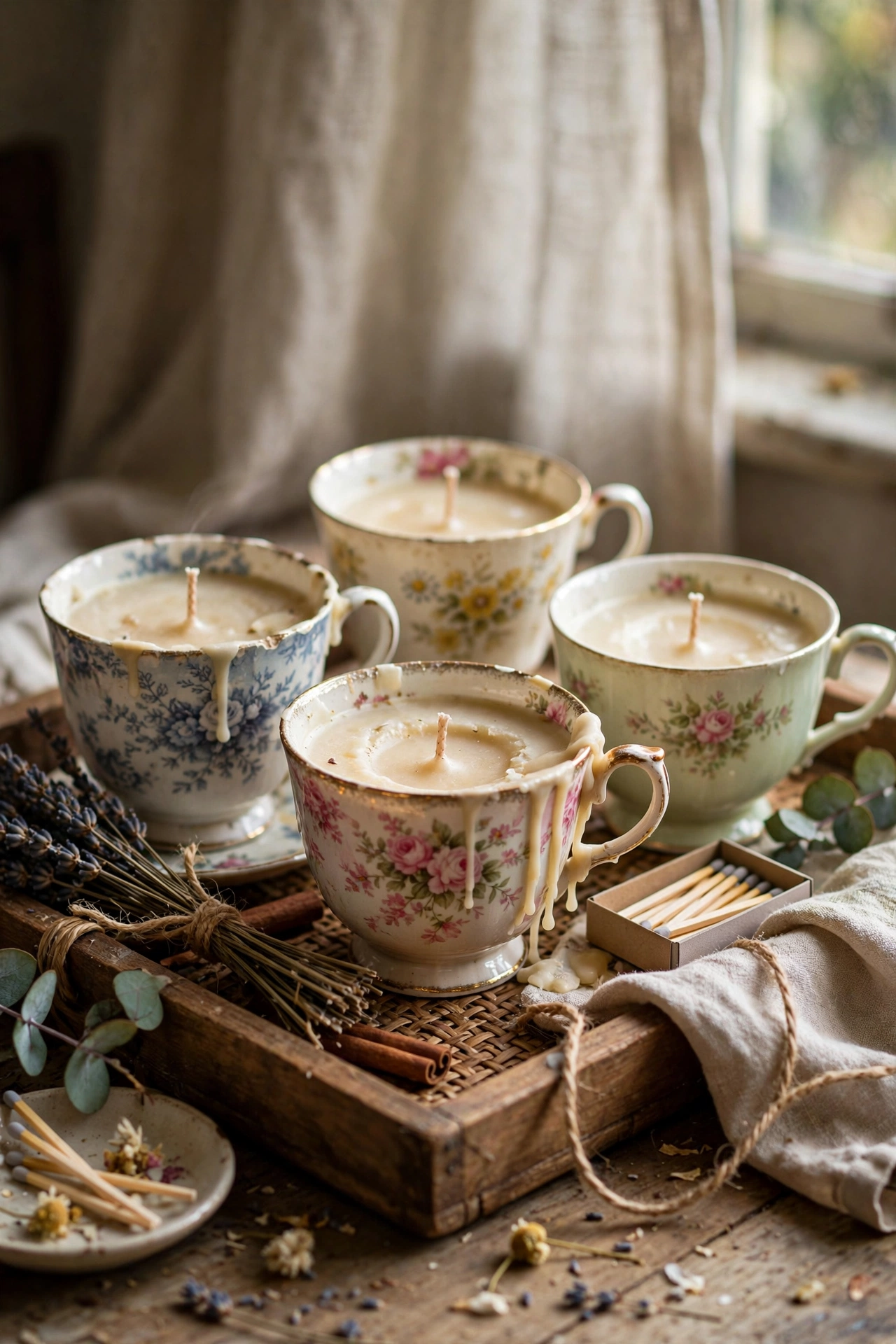 Homemade candles poured into vintage teacups on a tray