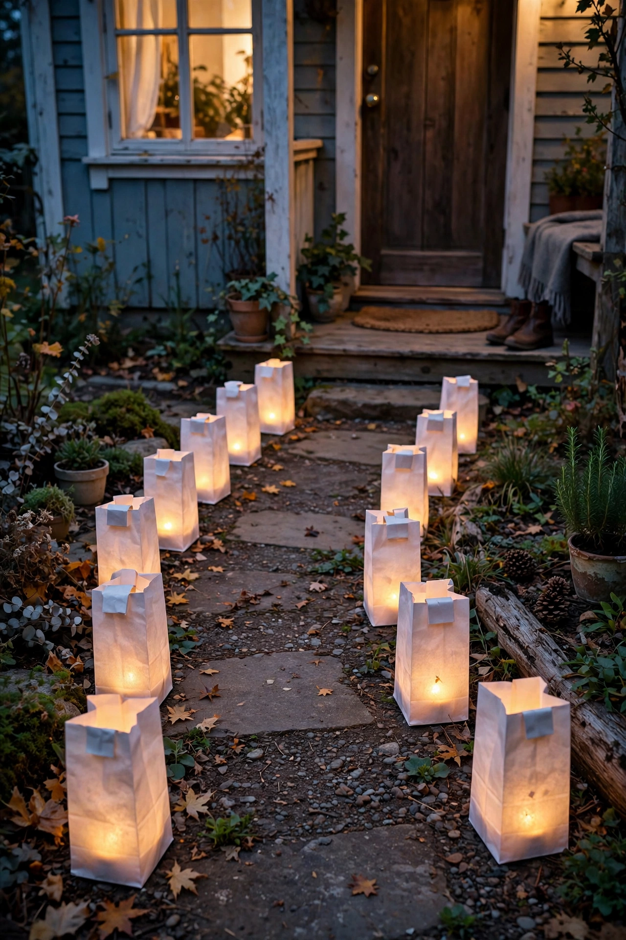 White paper bag luminaries with tea lights lining a front path