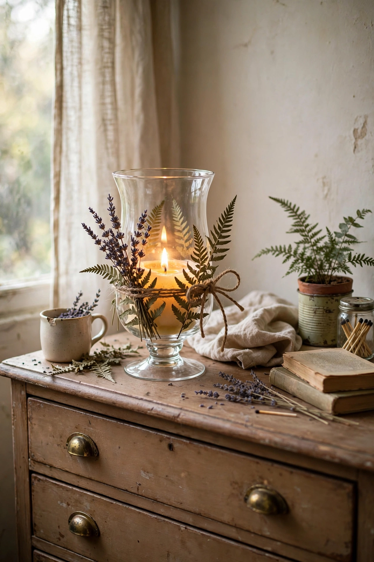 Glass hurricane candle holder decorated with dried flowers