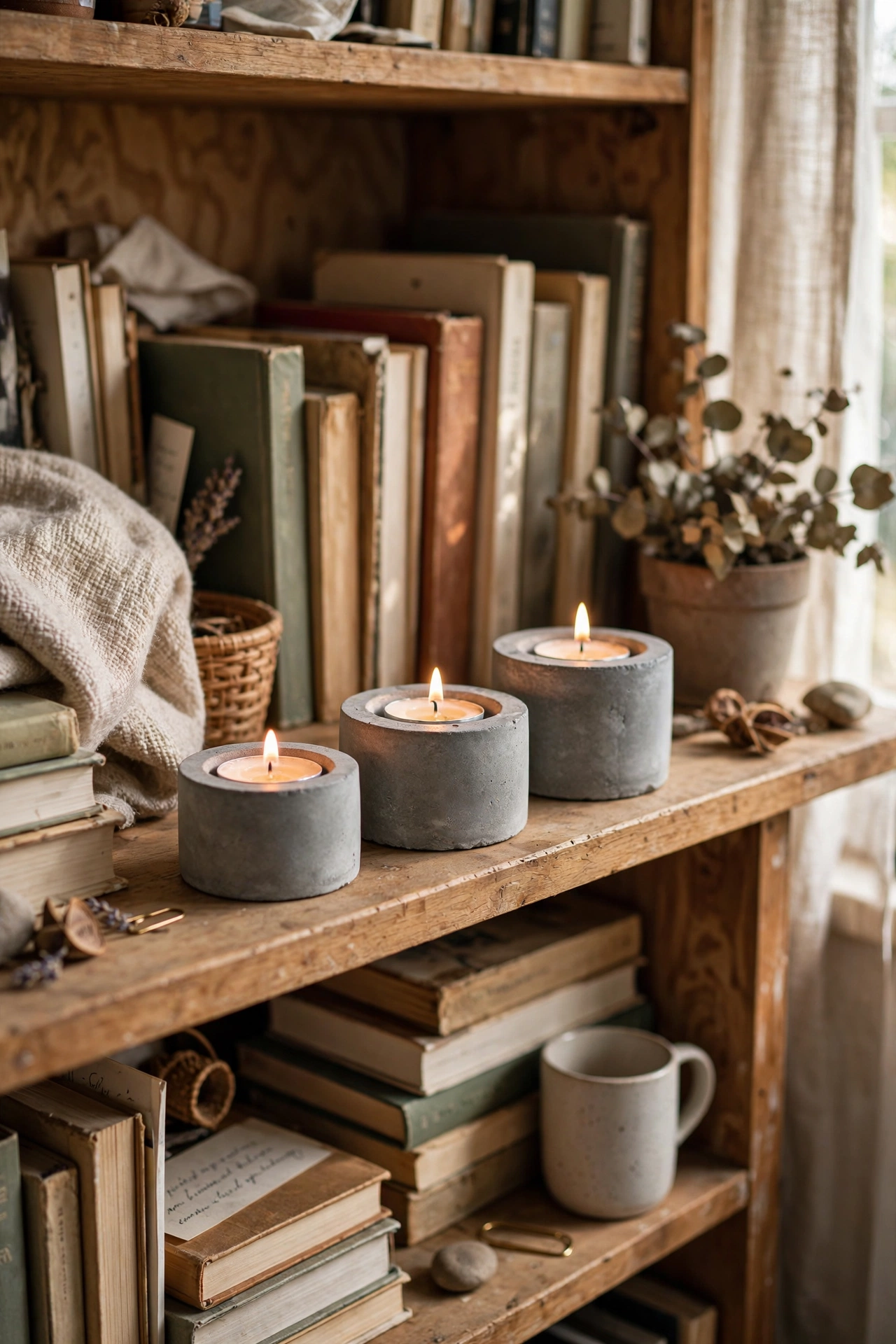 Small concrete candle holders with tea lights on a bookshelf