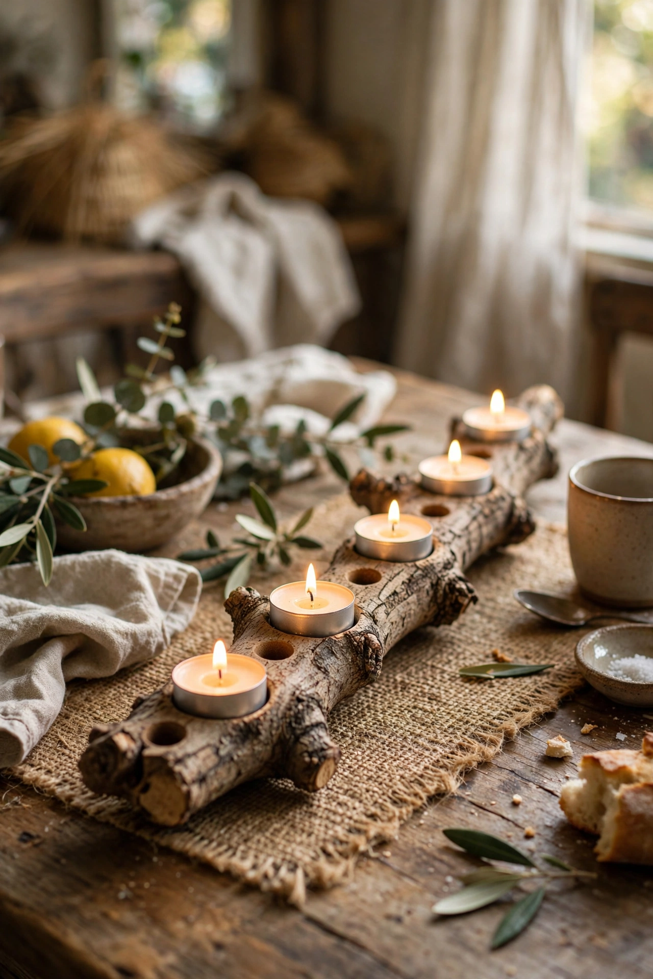 Rustic branch drilled with tea light holes as a table centrepiece
