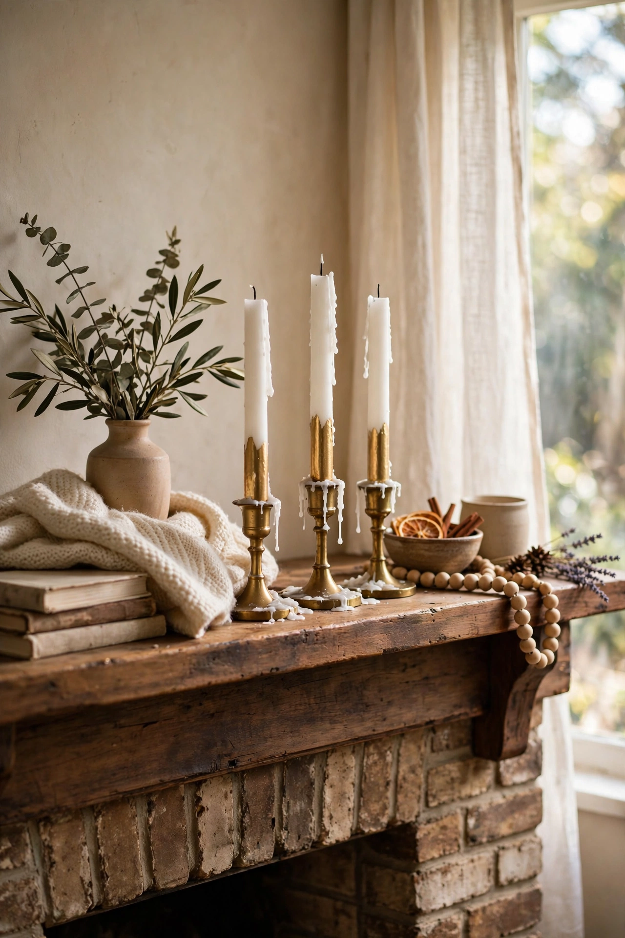 White taper candles dipped in gold paint in brass holders