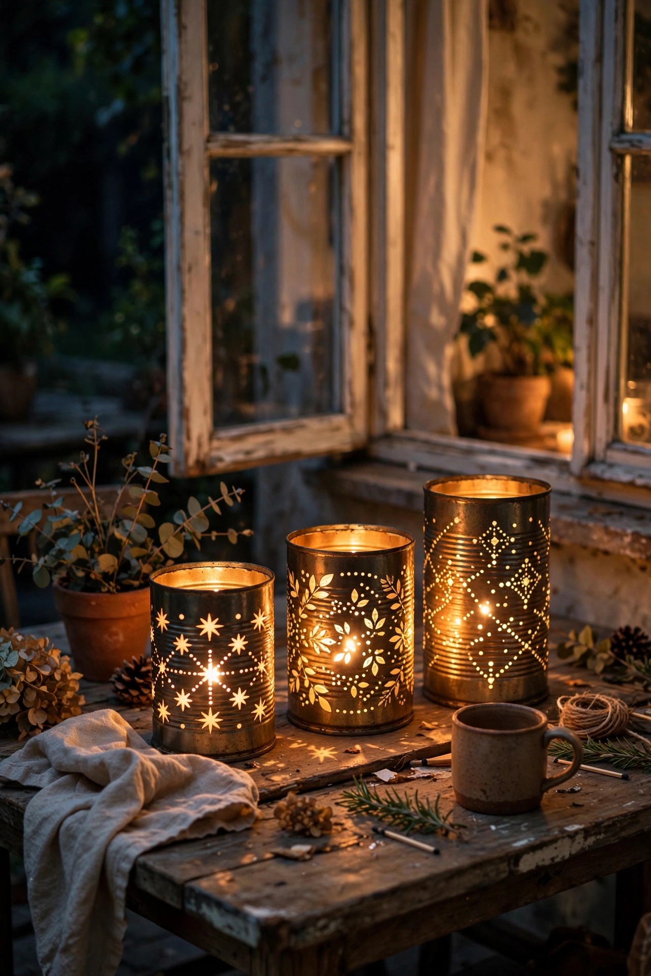 Punched tin can lanterns glowing with starlight patterns on a patio