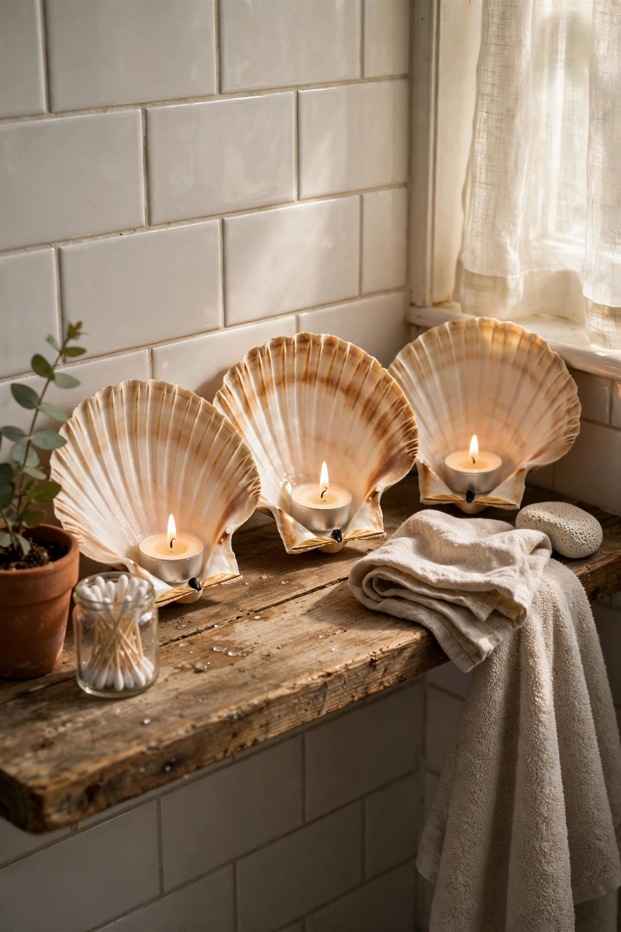 Large scallop shells holding tea lights on a bathroom shelf