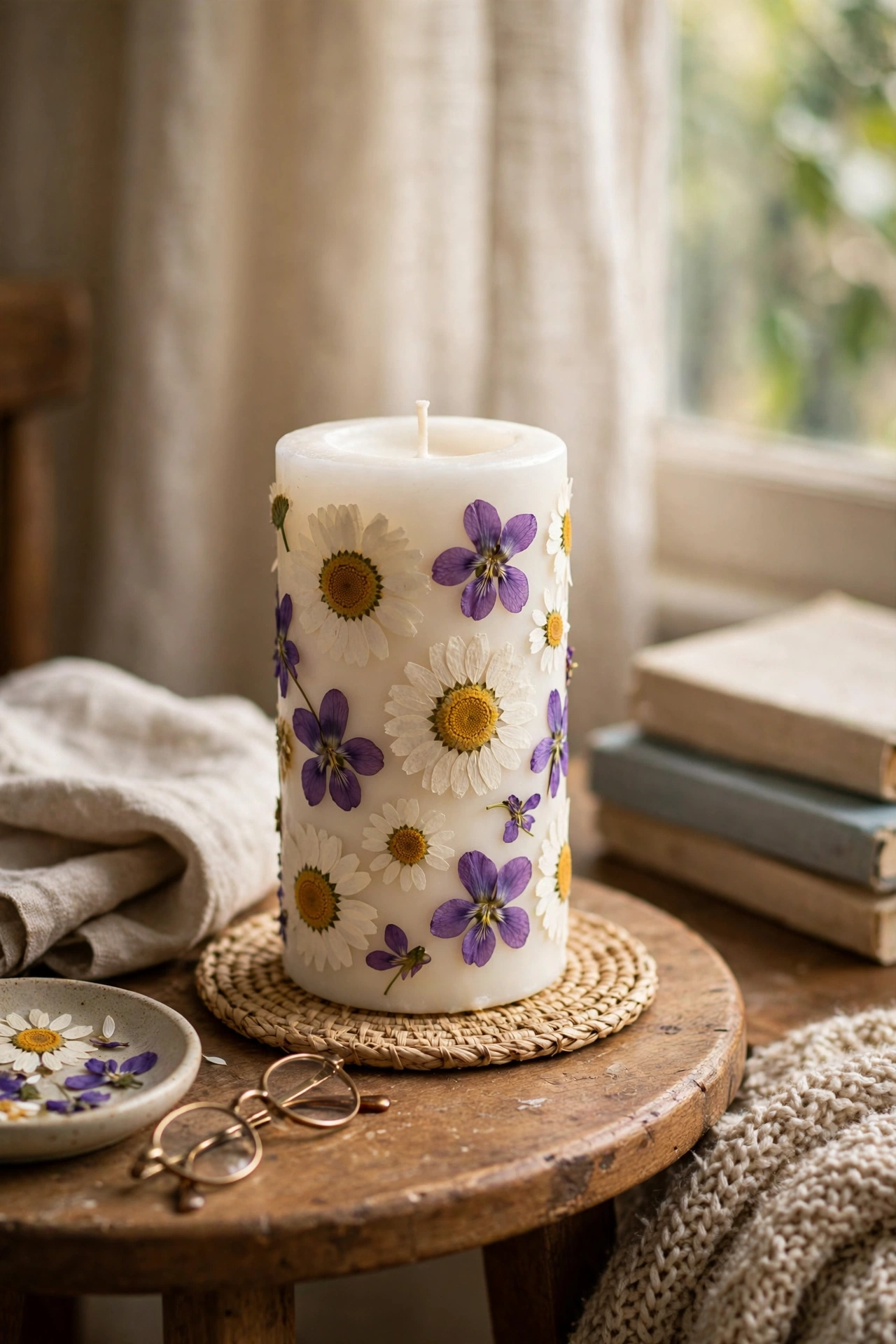 Pillar candle decorated with pressed daisies and violets