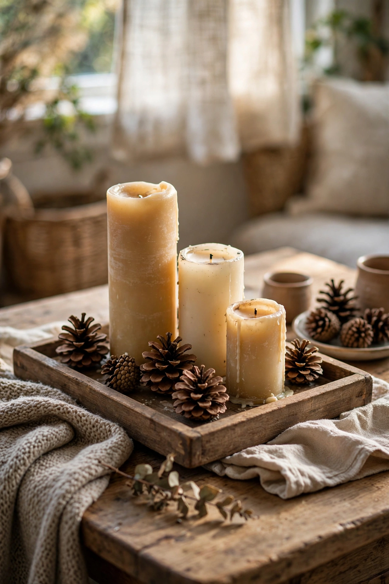 Wooden tray with grouped candles of different heights and pinecones