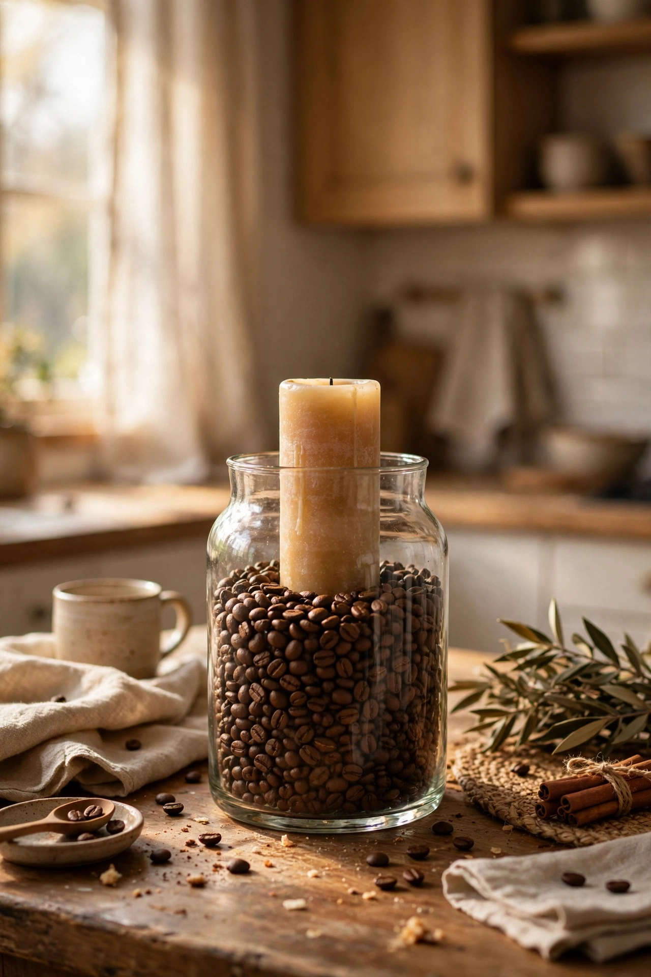 Glass vase filled with coffee beans holding a pillar candle