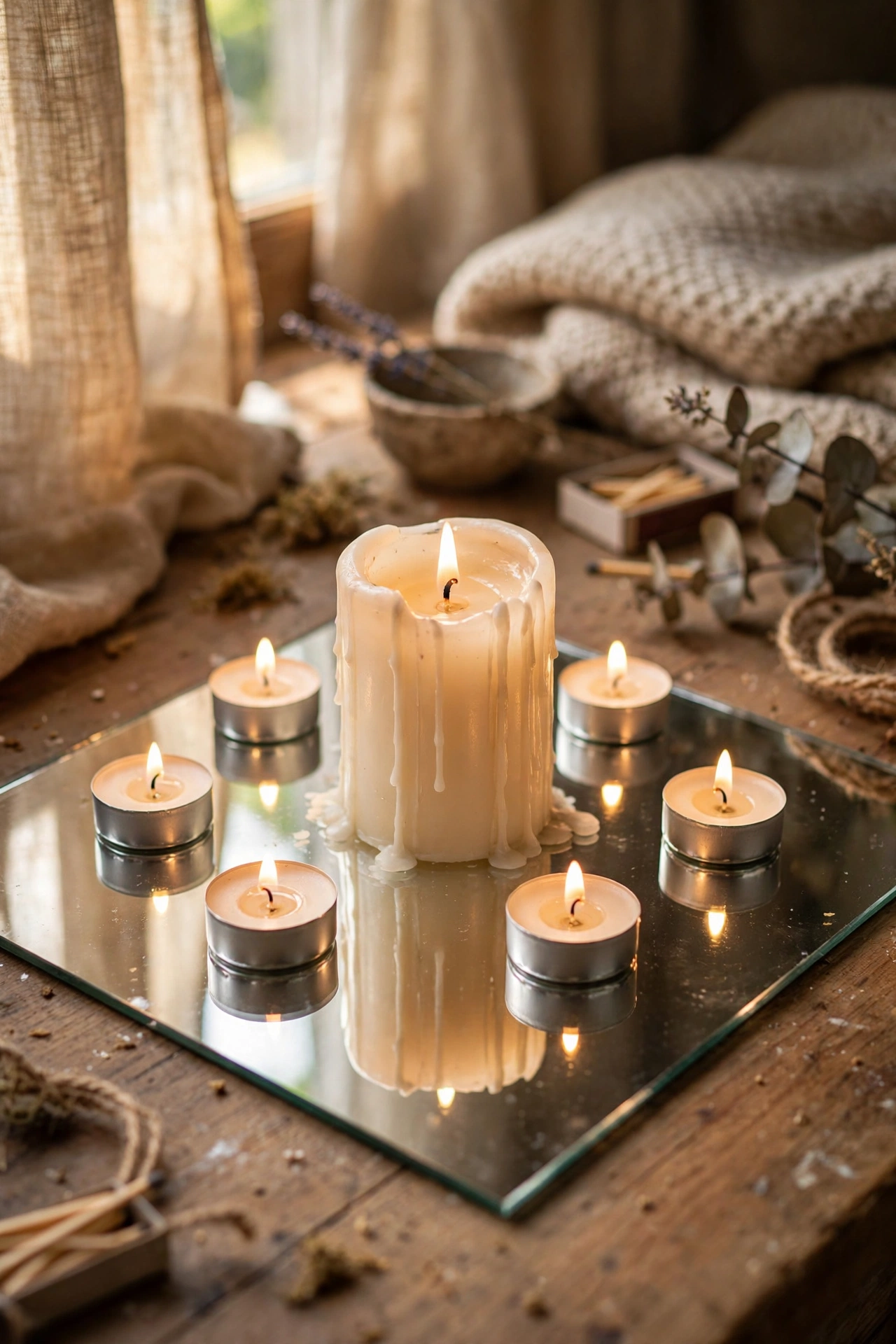 Pillar candle on a square mirror tile with tea lights around it