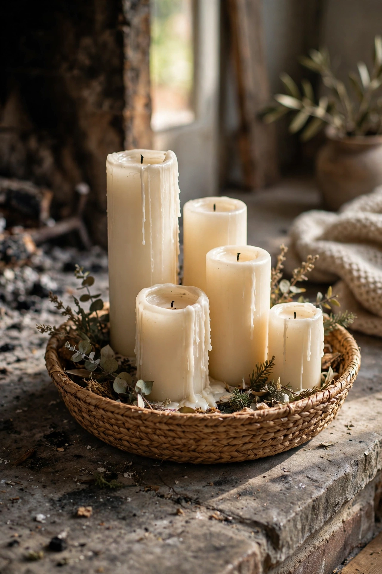Shallow woven basket filled with pillar candles of different heights