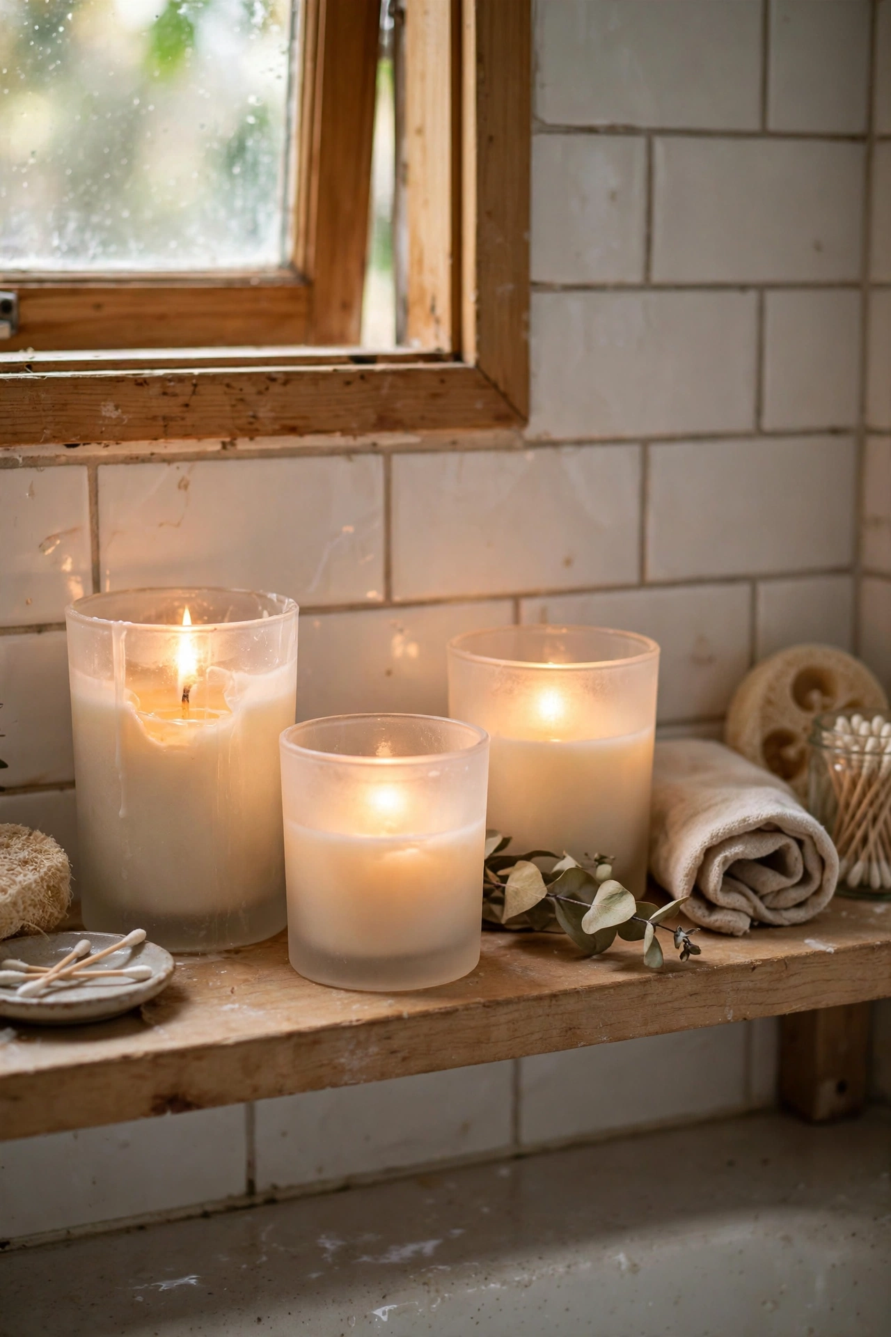 Frosted glass jars with candles glowing softly on a bathroom shelf