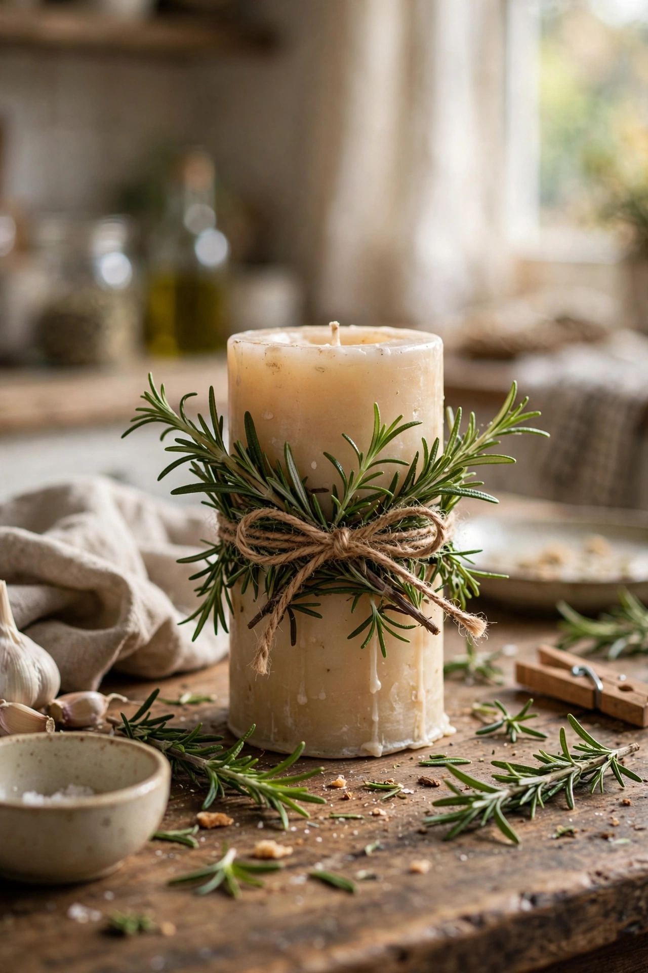 Pillar candle wrapped with fresh rosemary bundles tied with twine