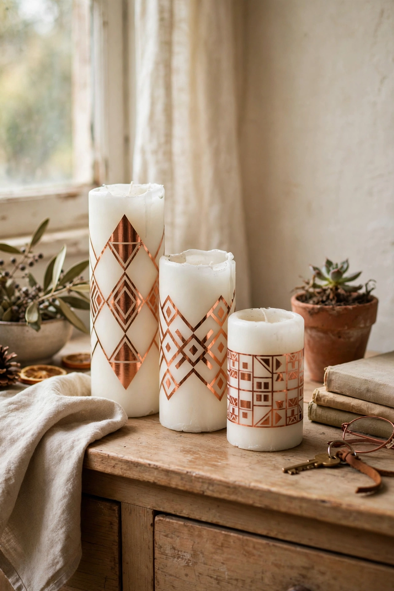 White pillar candles decorated with geometric copper tape patterns