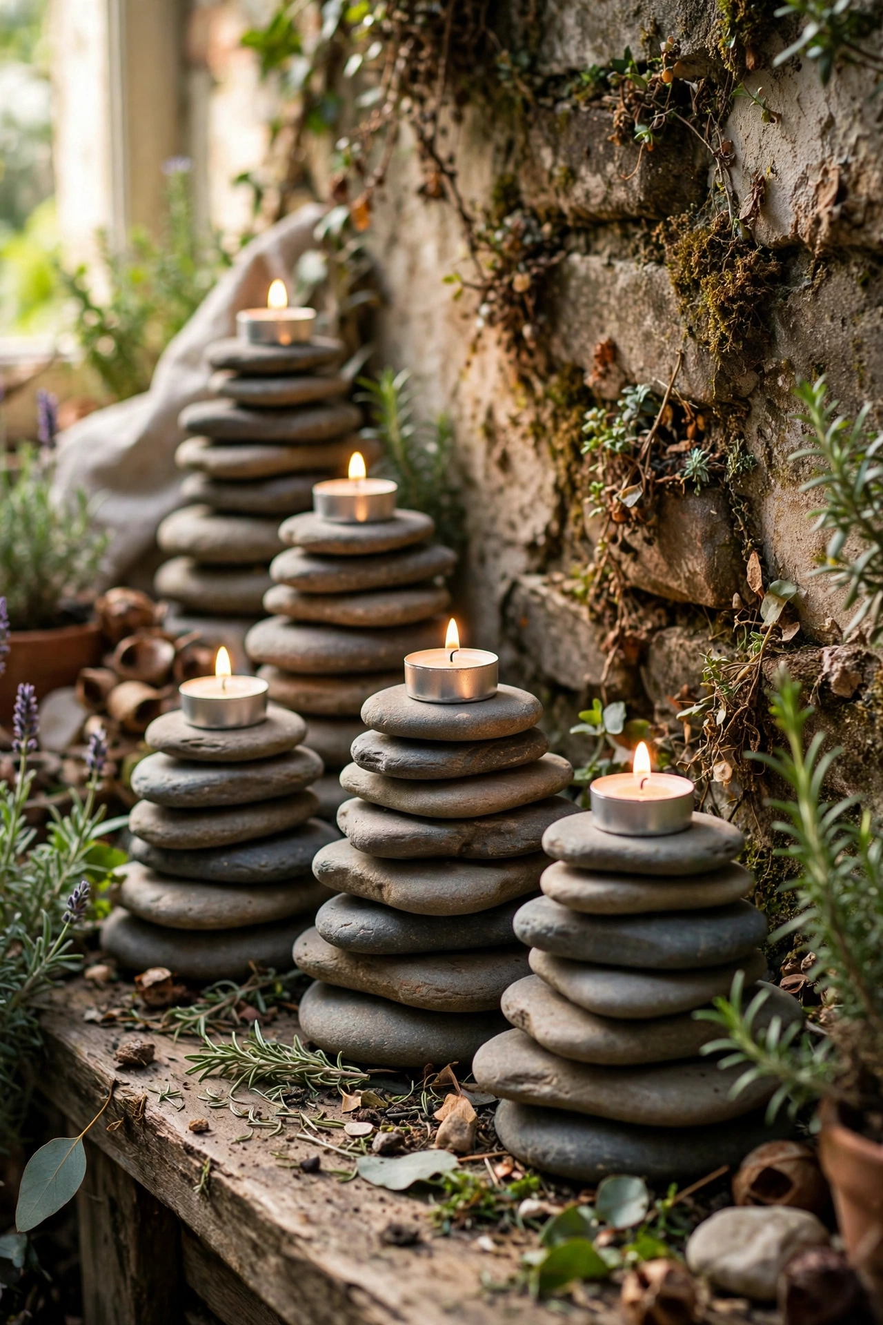 Flat river stones stacked as organic candle holders with tea lights