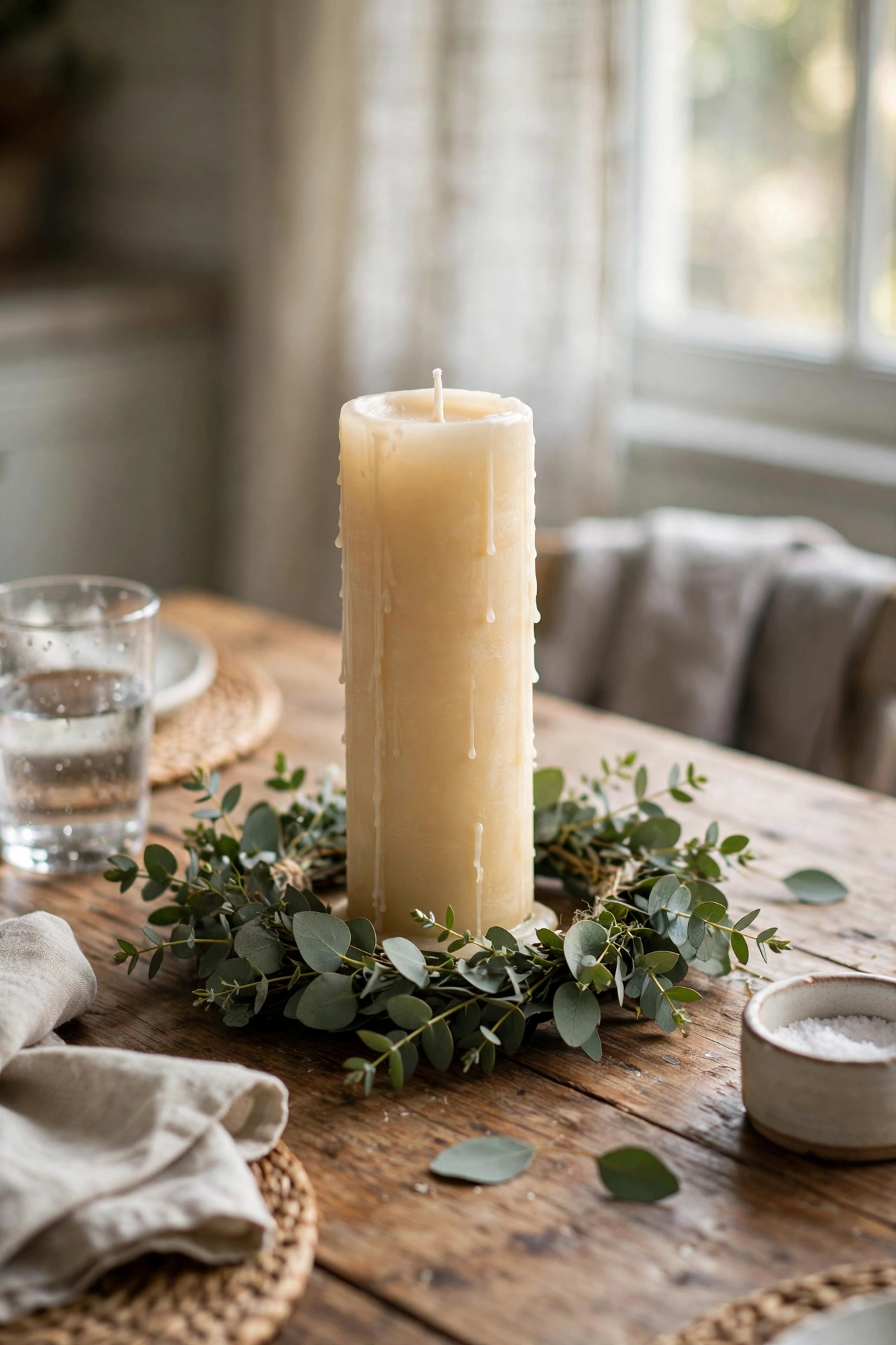 Small eucalyptus wreath ring around a tall pillar candle centrepiece