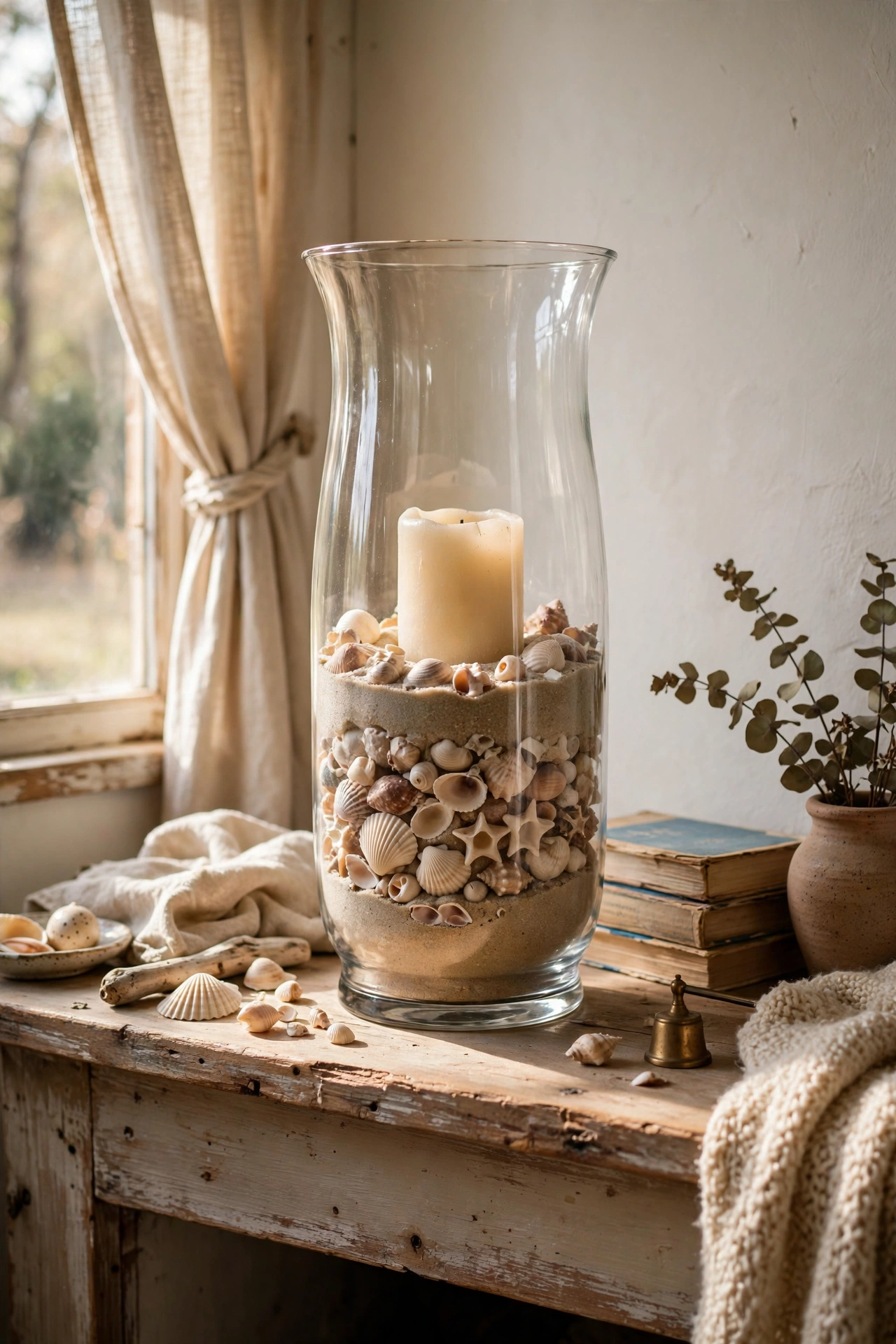 Tall glass hurricane vase filled with sand holding a pillar candle