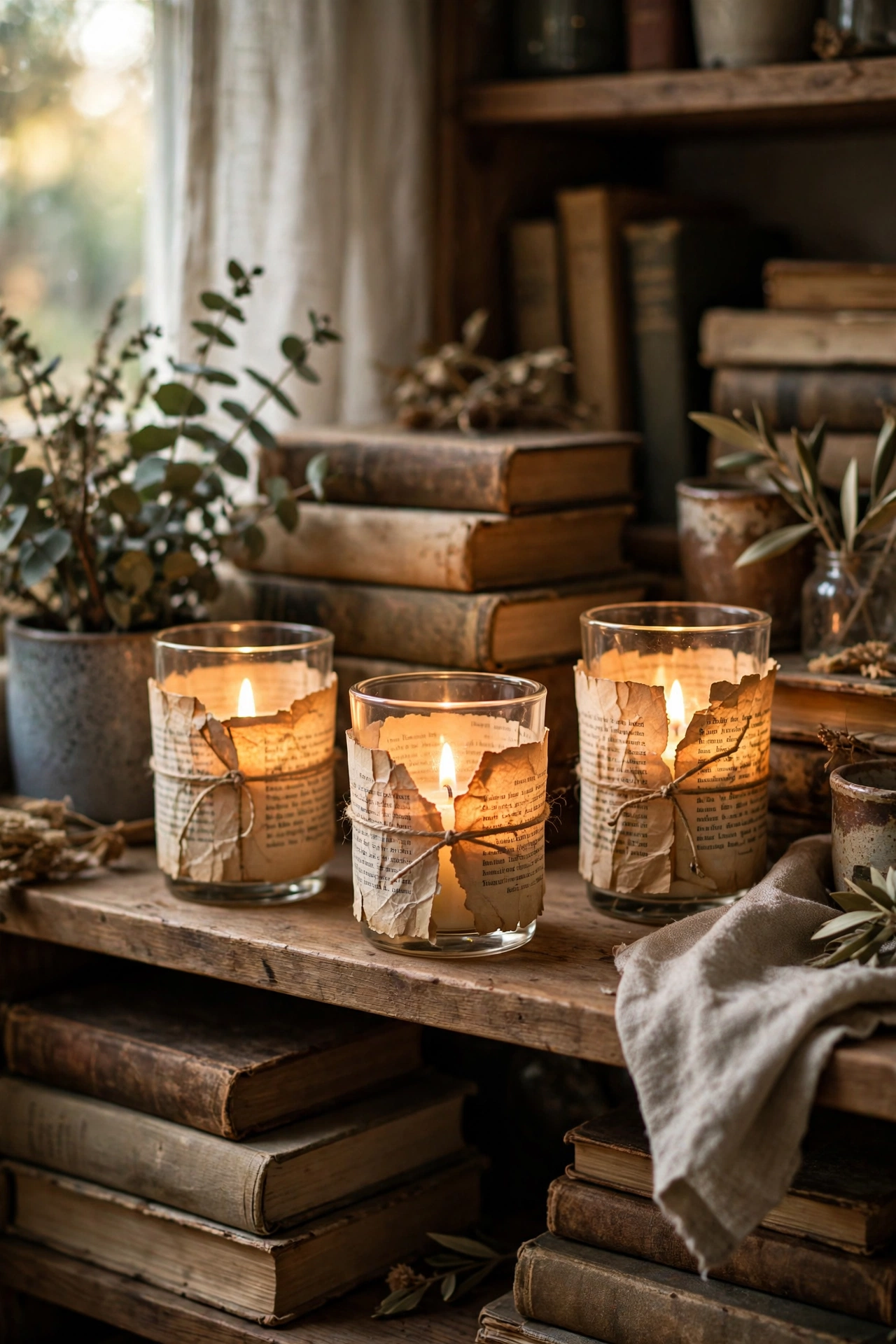 Glass votive holders wrapped in old book pages glowing on a bookshelf