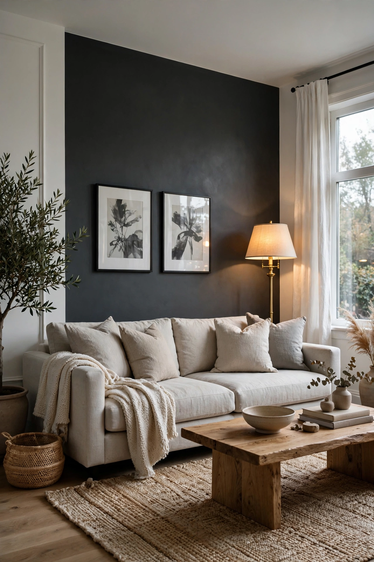 Charcoal gray accent wall behind sofa in moody budget living room