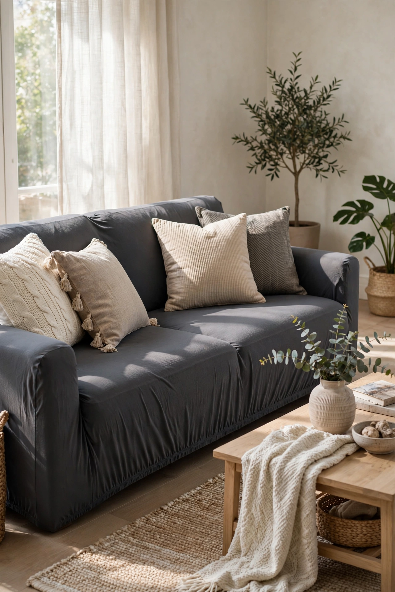 Beige sofa covered with charcoal stretch slipcover in living room