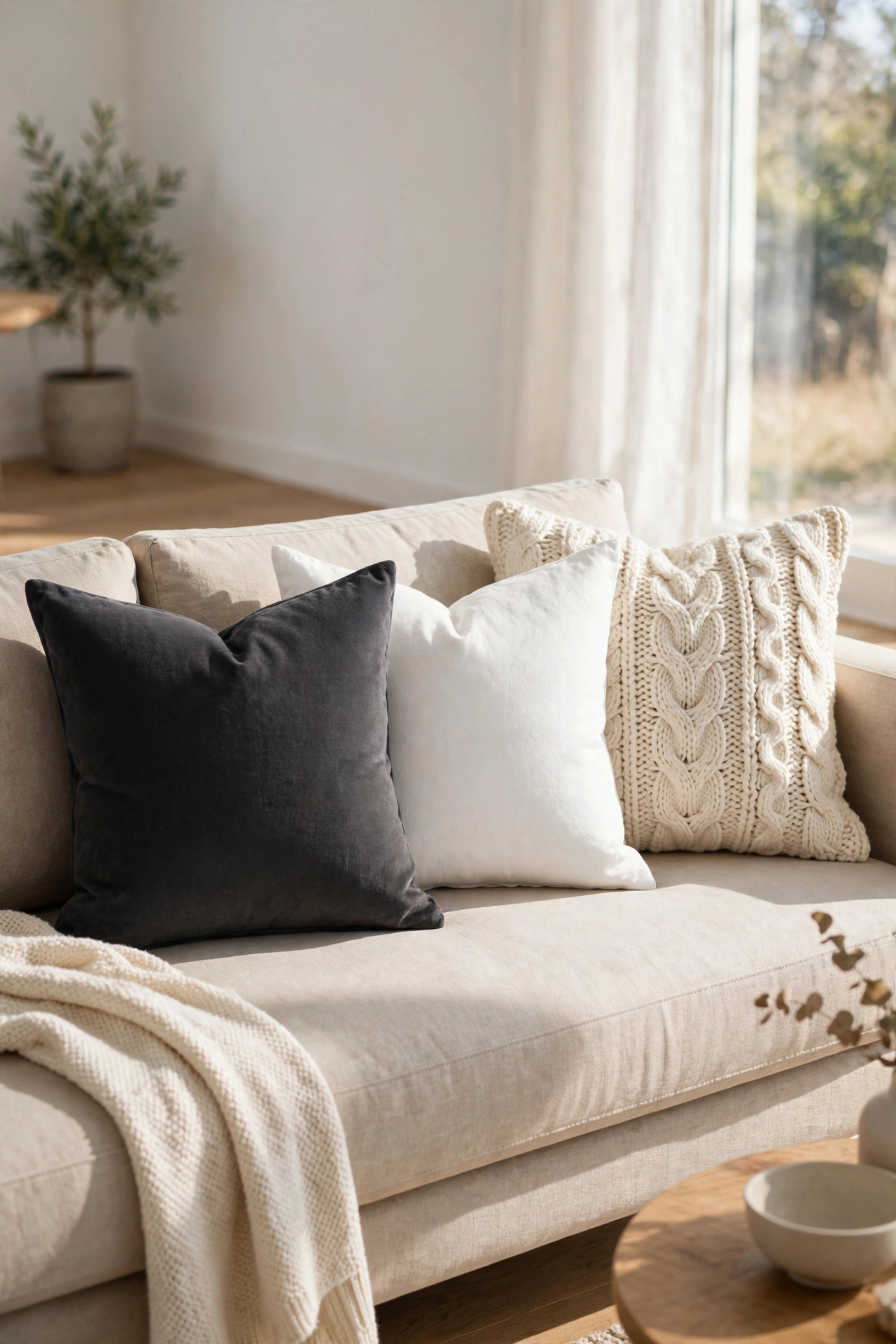 Charcoal and white throw pillows in high contrast formula on sofa