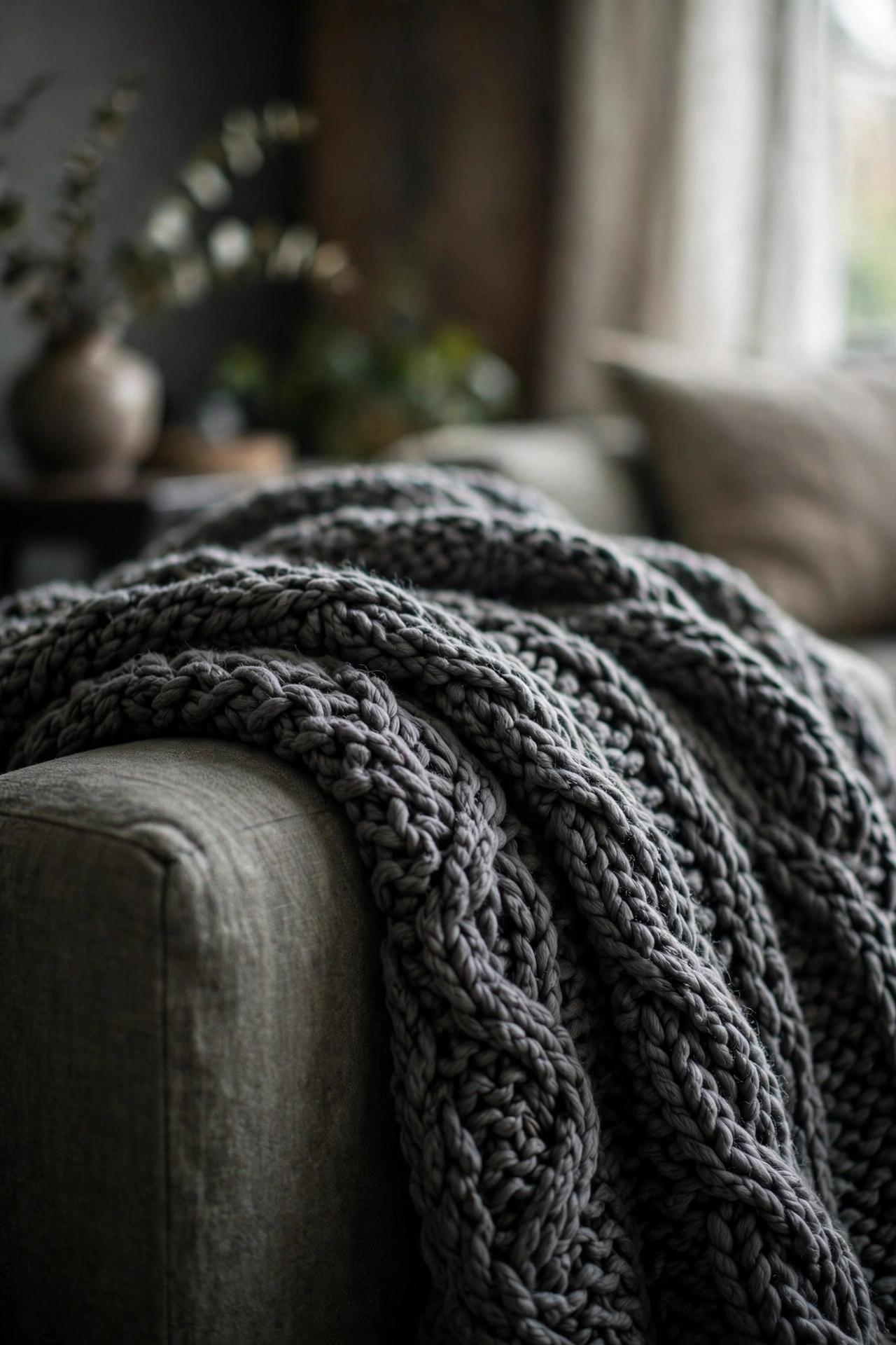 Charcoal chunky knit throw blanket draped over sofa arm