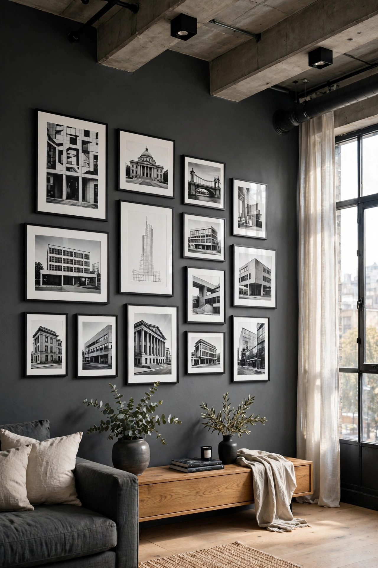 Black and white art prints in thin black frames gallery wall in gray living room